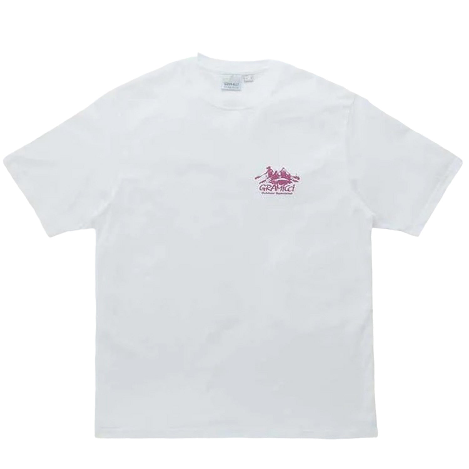 White Gramicci short sleeve t-shirt with printed logos in purple on front and back. Free UK Shipping on orders over £50