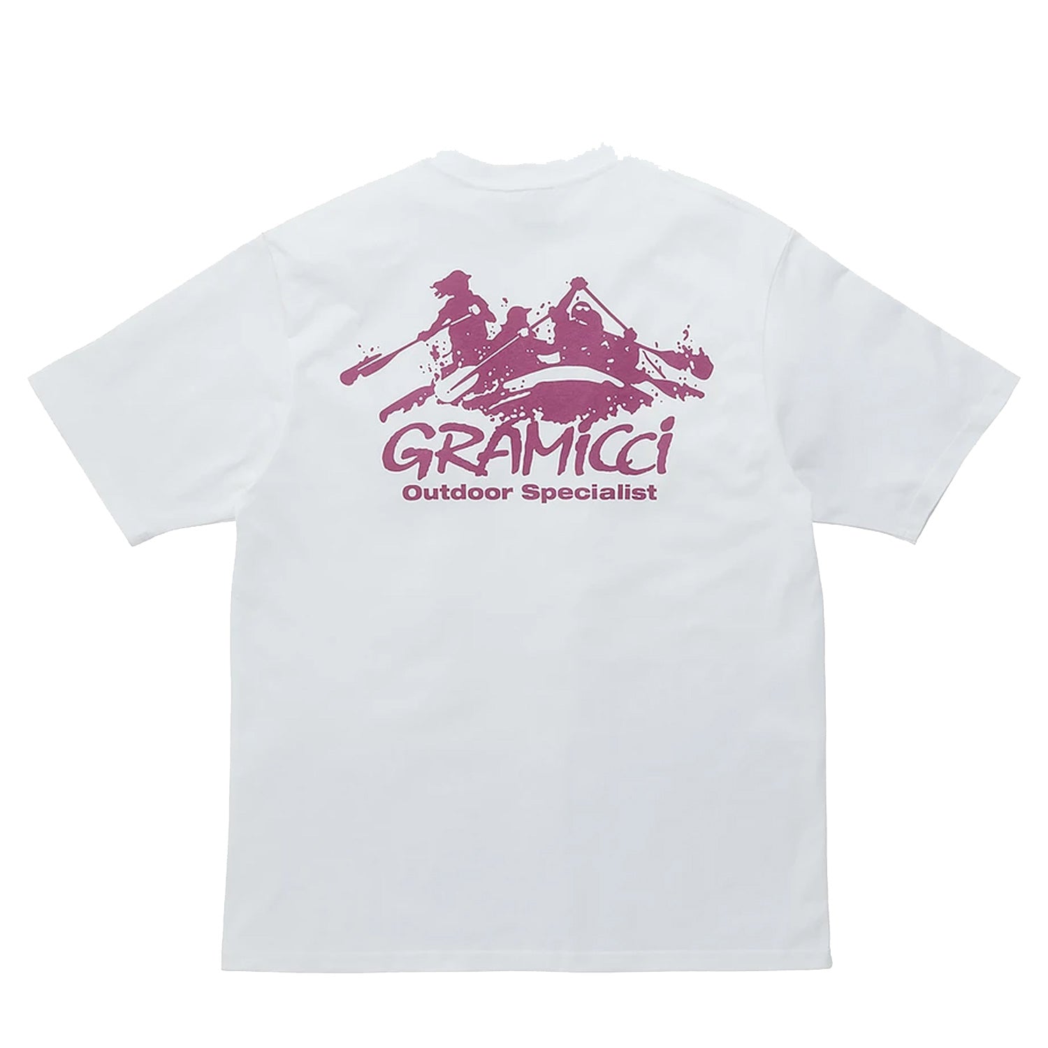 White Gramicci short sleeve t-shirt with printed logos in purple on front and back. Free UK Shipping on orders over £50
