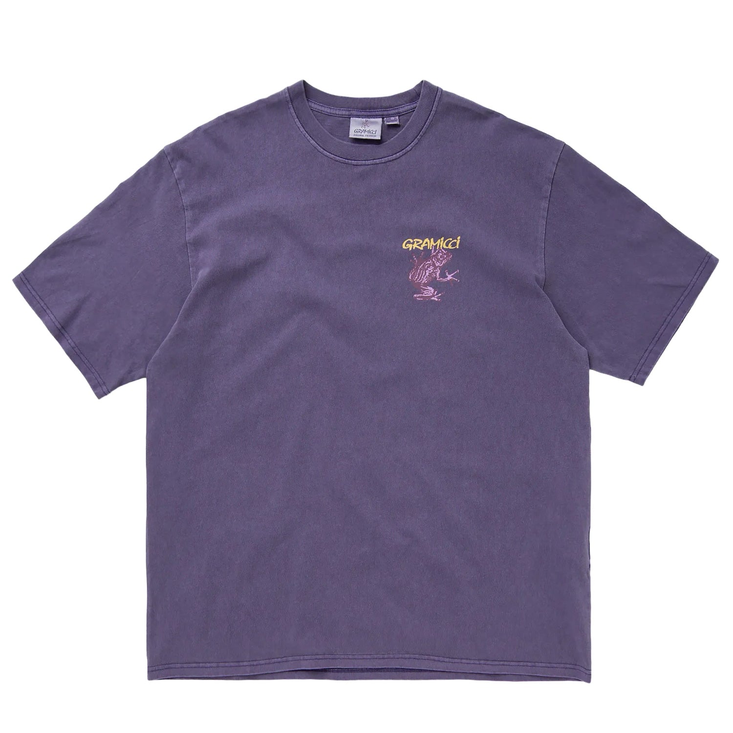 Purple gramicci short sleeve t-shirt with printed frog logo in purple and yellow on front and back. Free UK Shipping on orders over £50