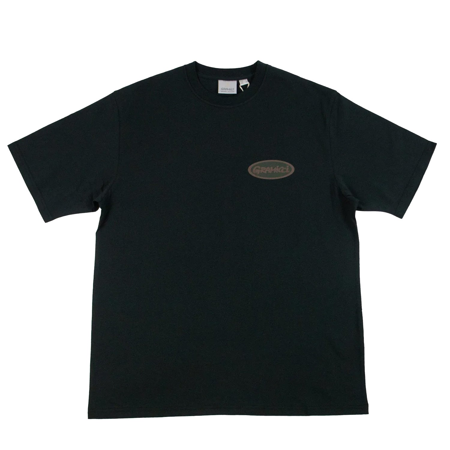 Black short sleeve gramicci T-shirt with oval green and bronze logo on front and back. Free uk shipping over £50