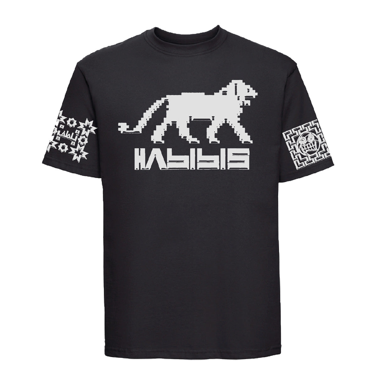 Black habibis shortsleeve T-shirt with silver lion graphic logo on front and sleeves. Free uk shipping over £50