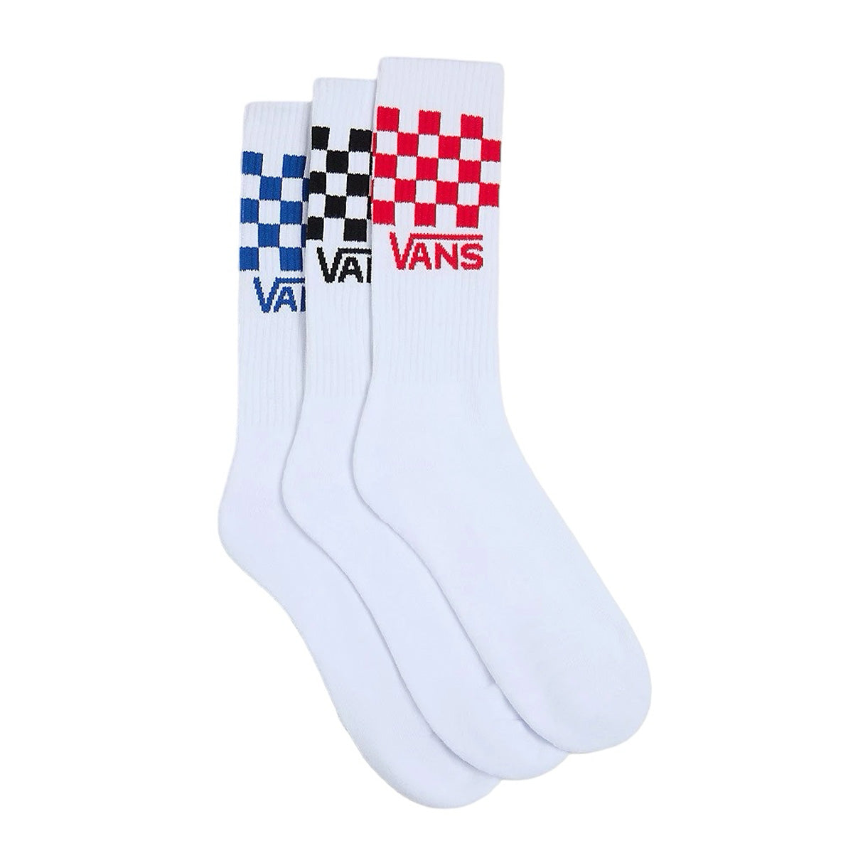 Vans classic logo crew 3 pack socks in white with red black and blue checkerboard logos. Free uk sipping over £50