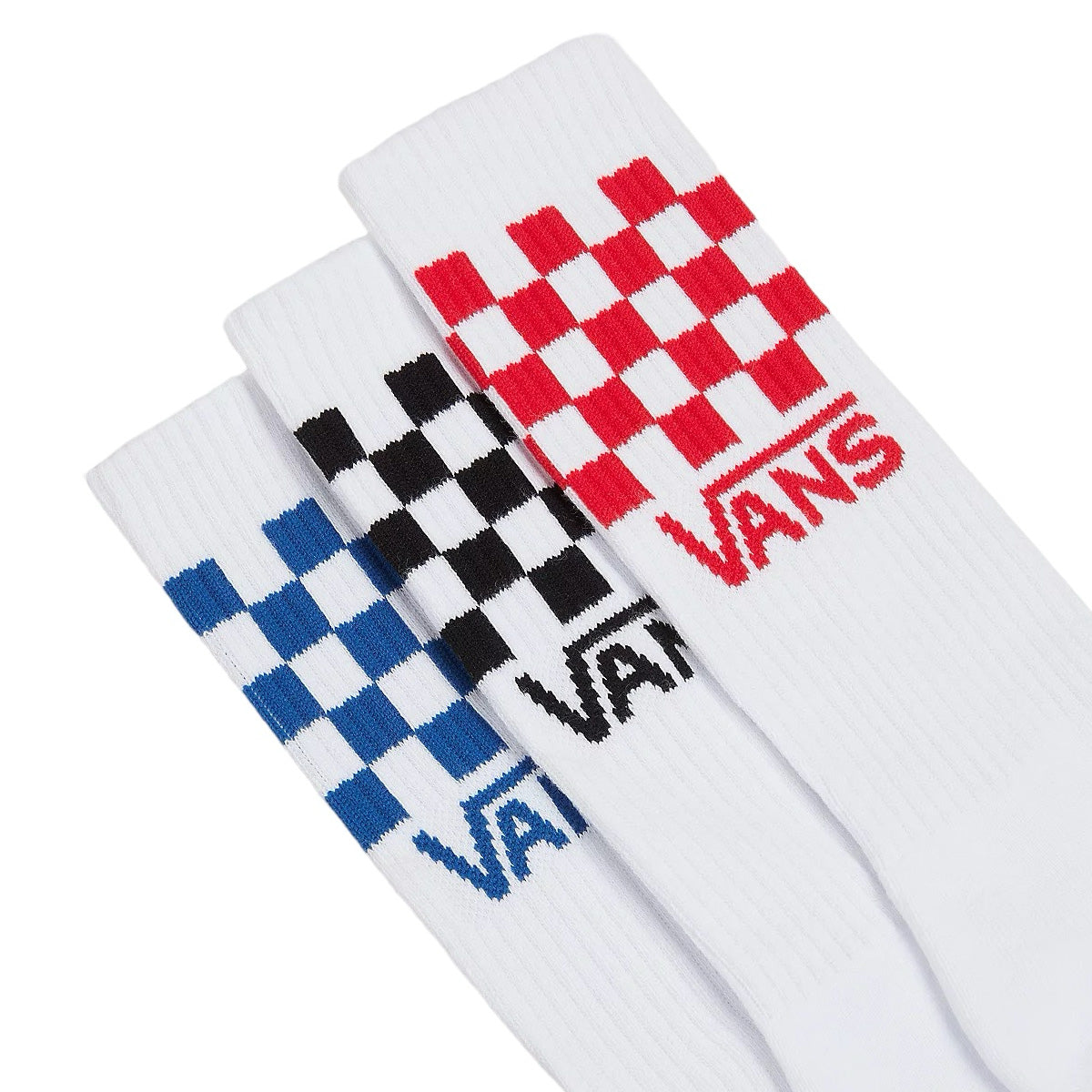 Vans classic logo crew 3 pack socks in white with red black and blue checkerboard logos. Free uk sipping over £50