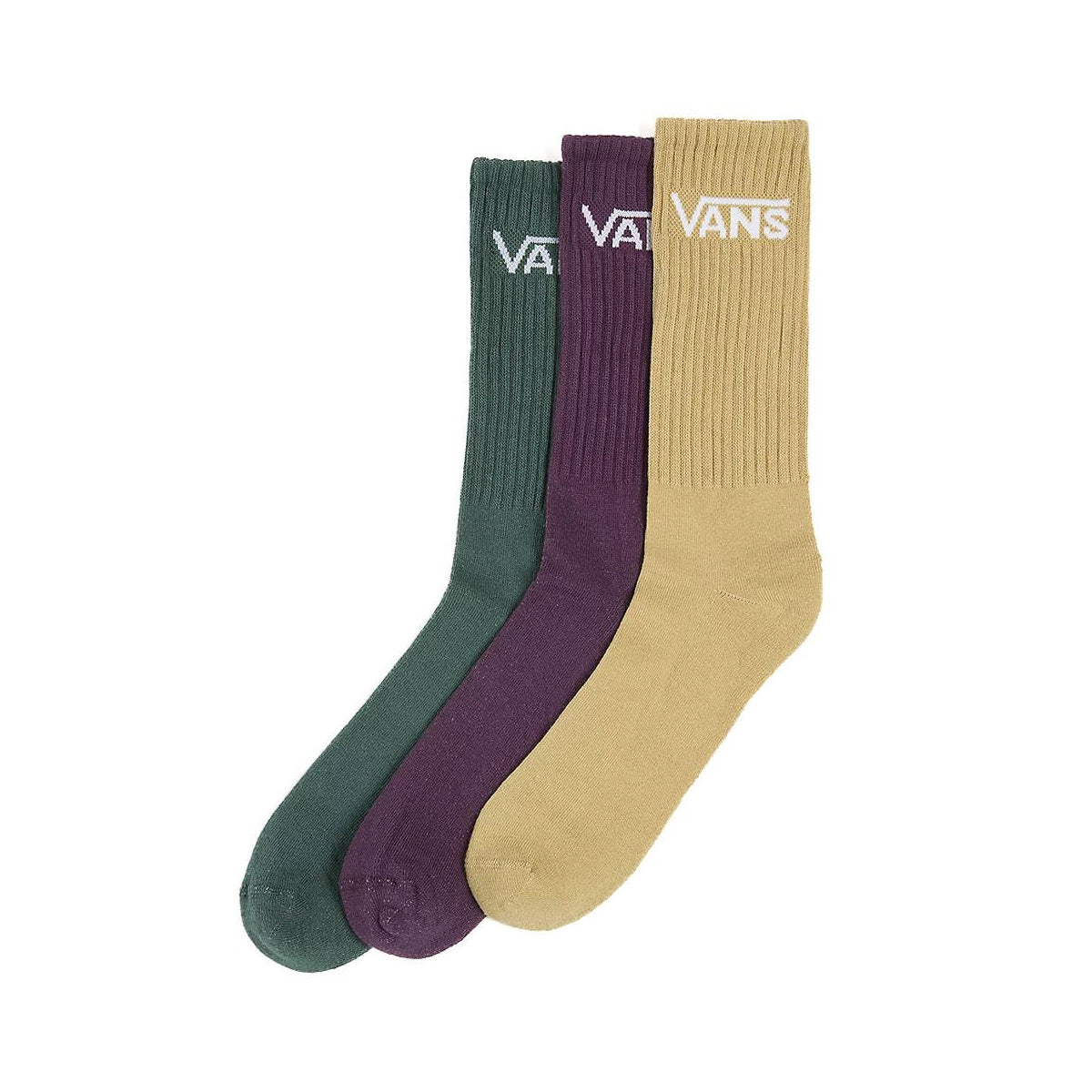 Three pack vans crew socks in green, burgundy and cream with white vans logo. Free uk shipping over £50