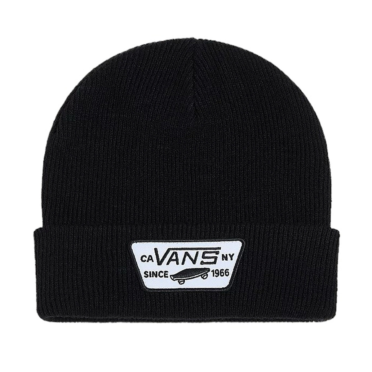 Black vans cuffed and ribbed beanie with black and white vans patch logo on front. Free uk shipping over £50