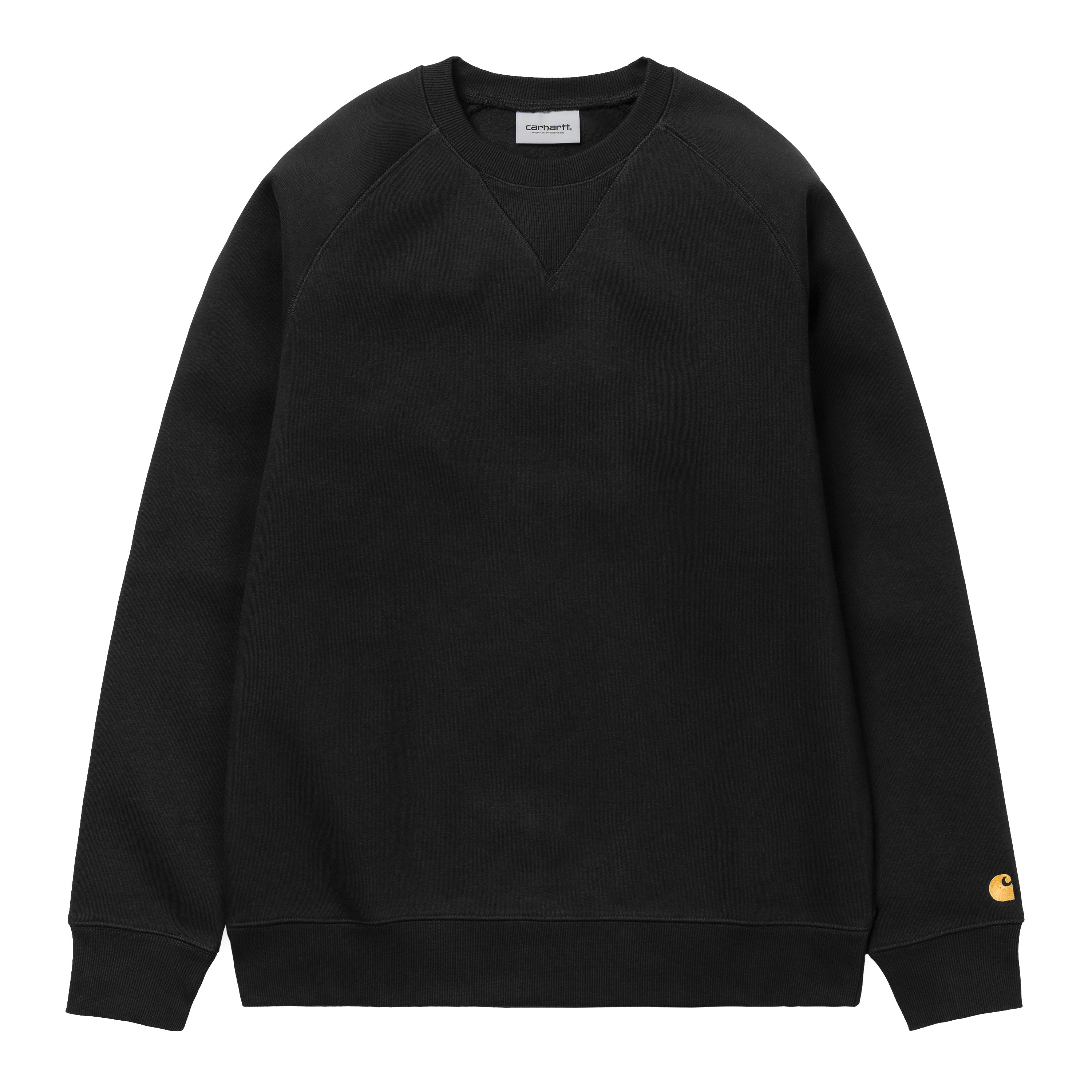Black Carhartt chase sweatshirt with gold embroidered logo. Free UK shipping on orders over £50.