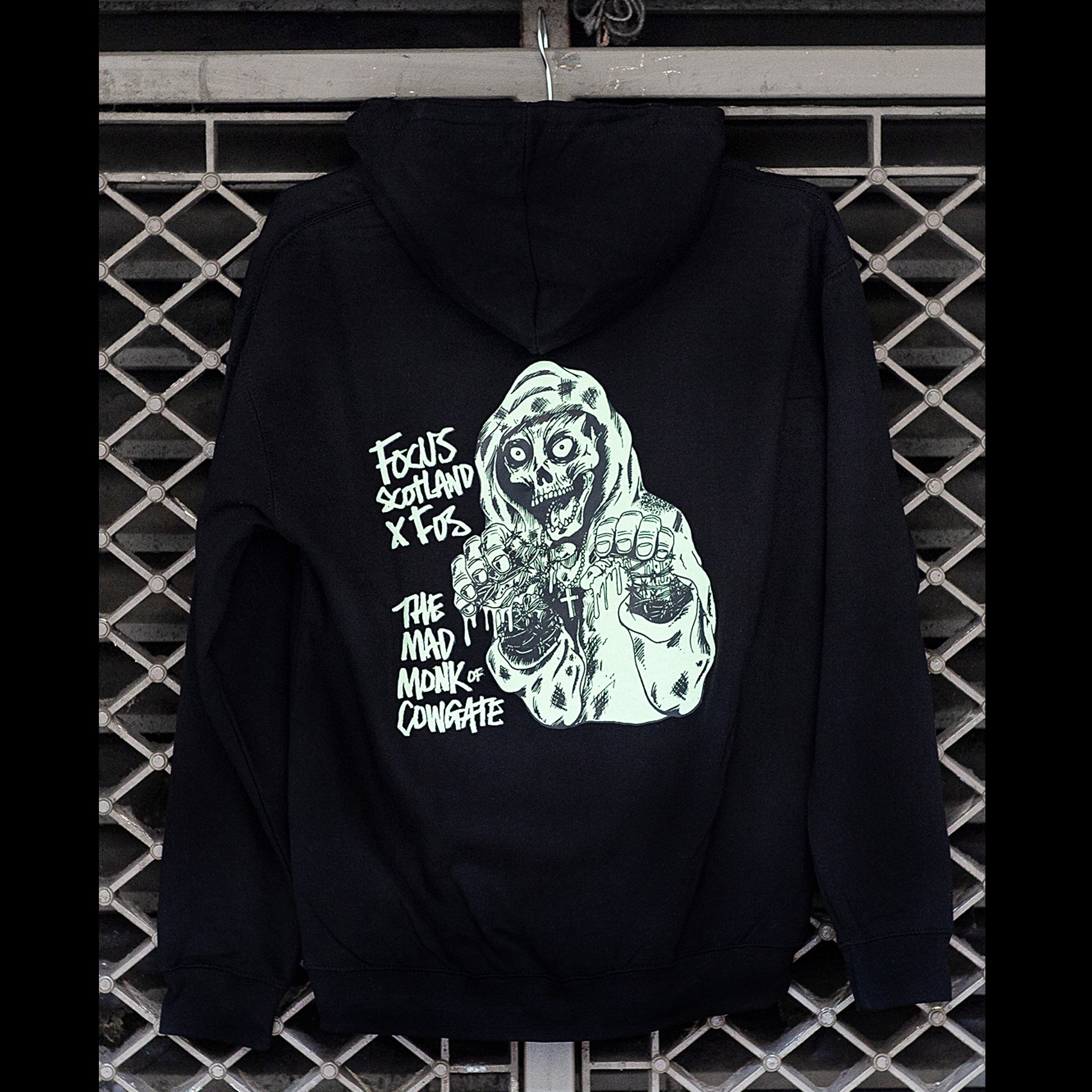 focus x fos mad monk of cowgate black glow in the dark hoodie 