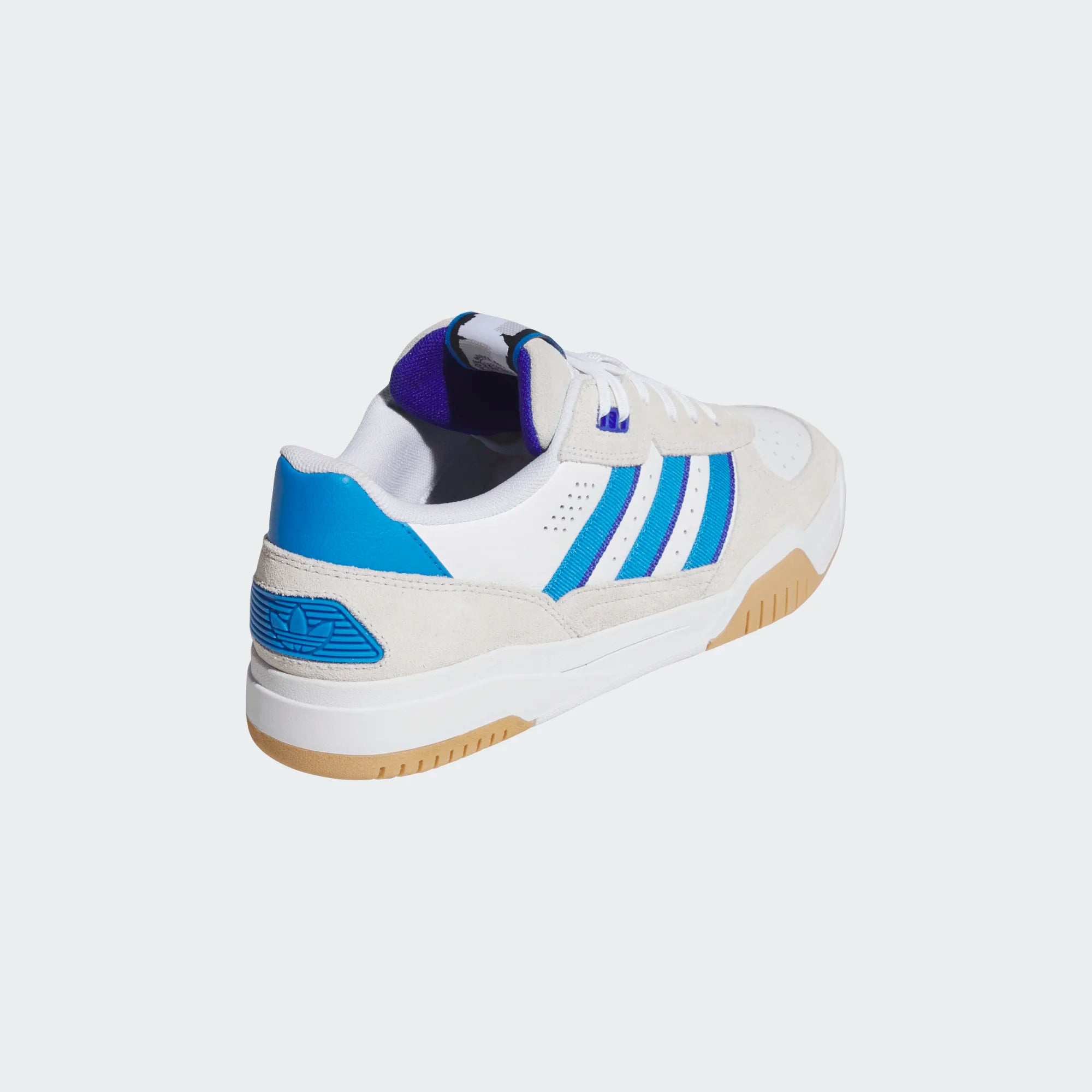 White Adidas skateboarding shoe with blue accents on a white background