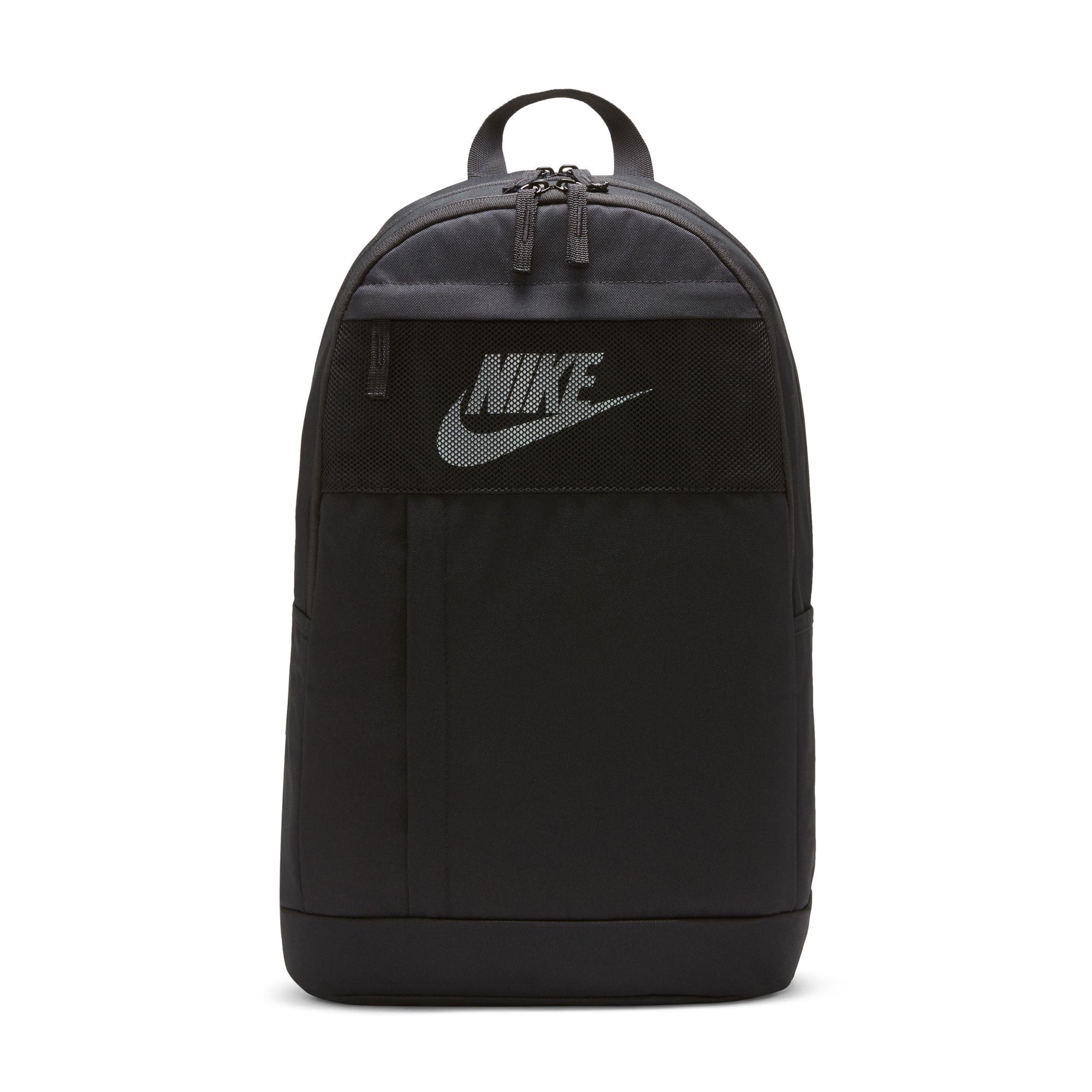 Black Nike back pack with two main pockets with zips, mesh pocket on front and white nike swoosh logo on front. Free uk shipping over £50