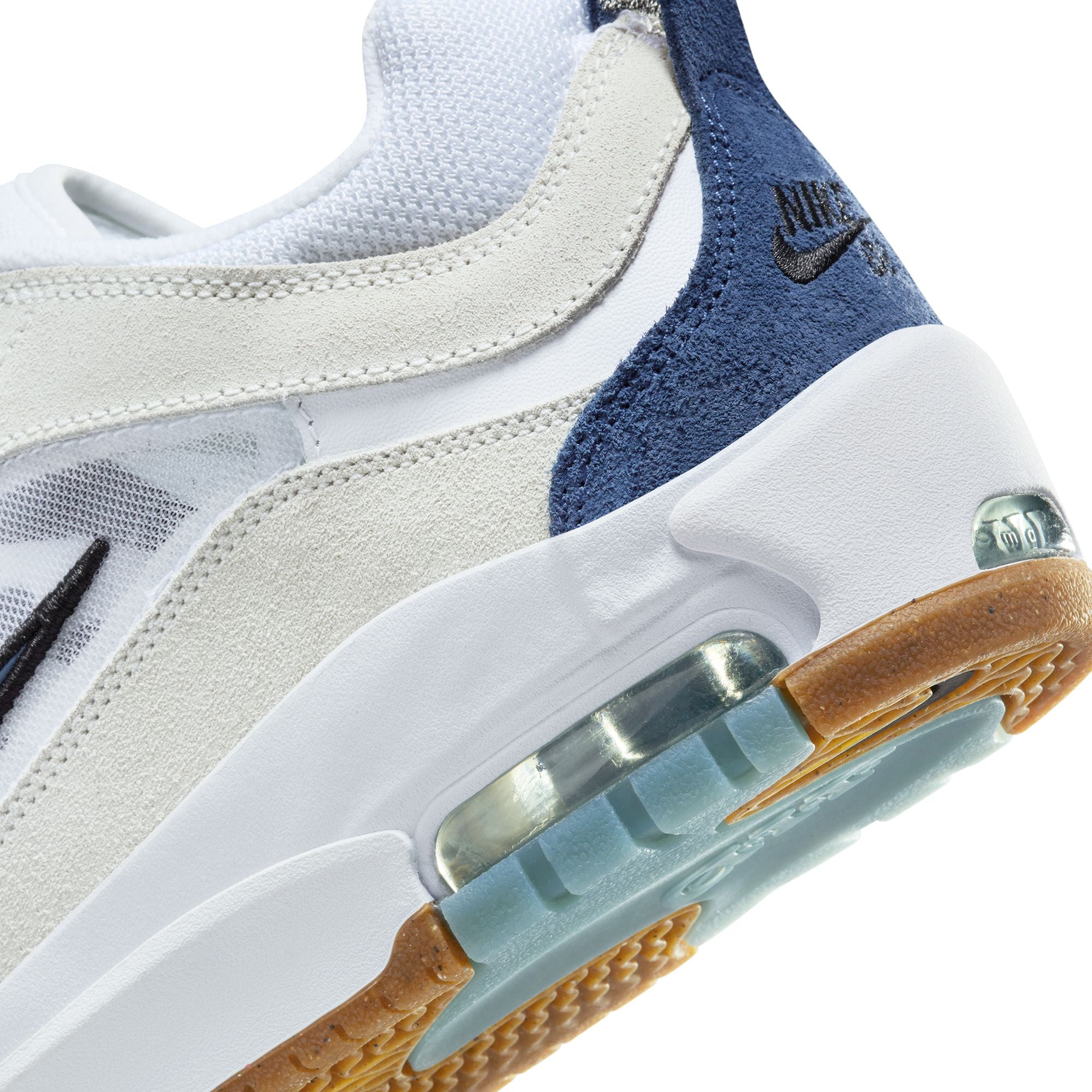 White nike air max Ishod low top shoe with cream and blue suede details and black nike tick. Gum sole. Free uk shipping over £50