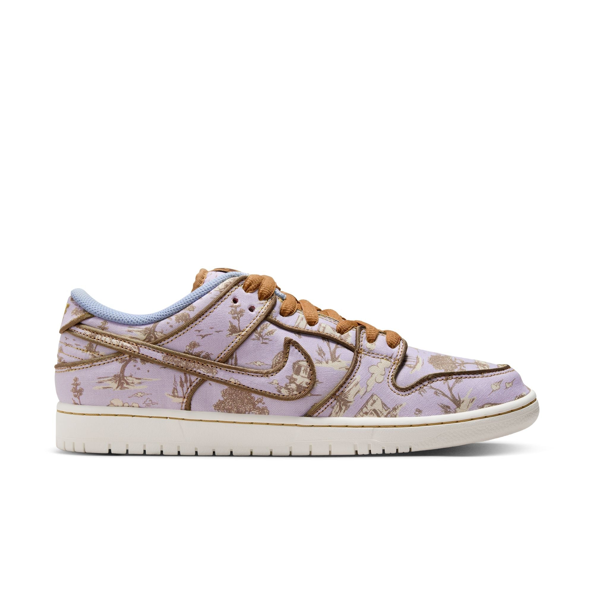Purple Nike sb dunk low pro premium shoes with pastoral print, white midsole and brown laces. Free uk shipping over £50