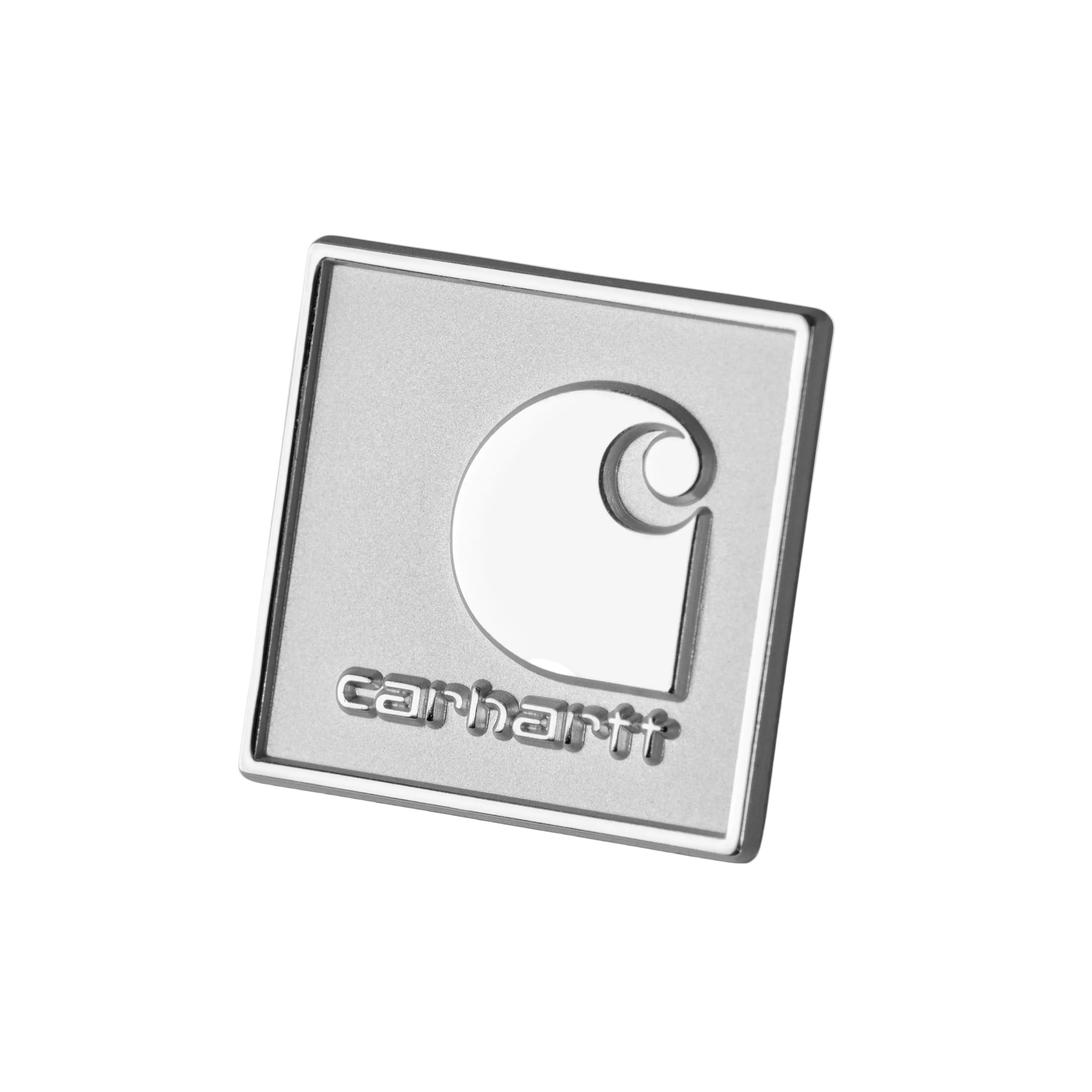 Metallic Carhartt logo badge on a white background