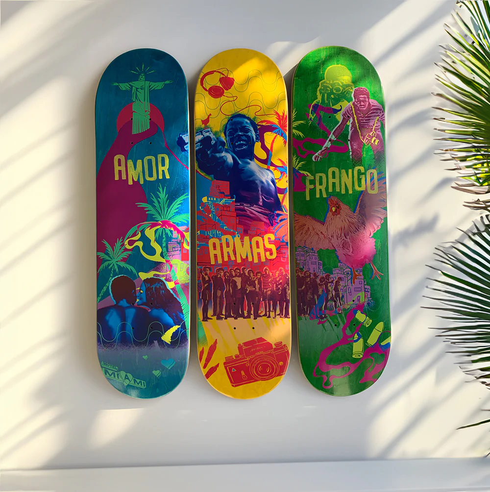 Clown skateboards decks 3 pack with blue, yellow and green city of god film inspired graphics. Free uk shipping over £50