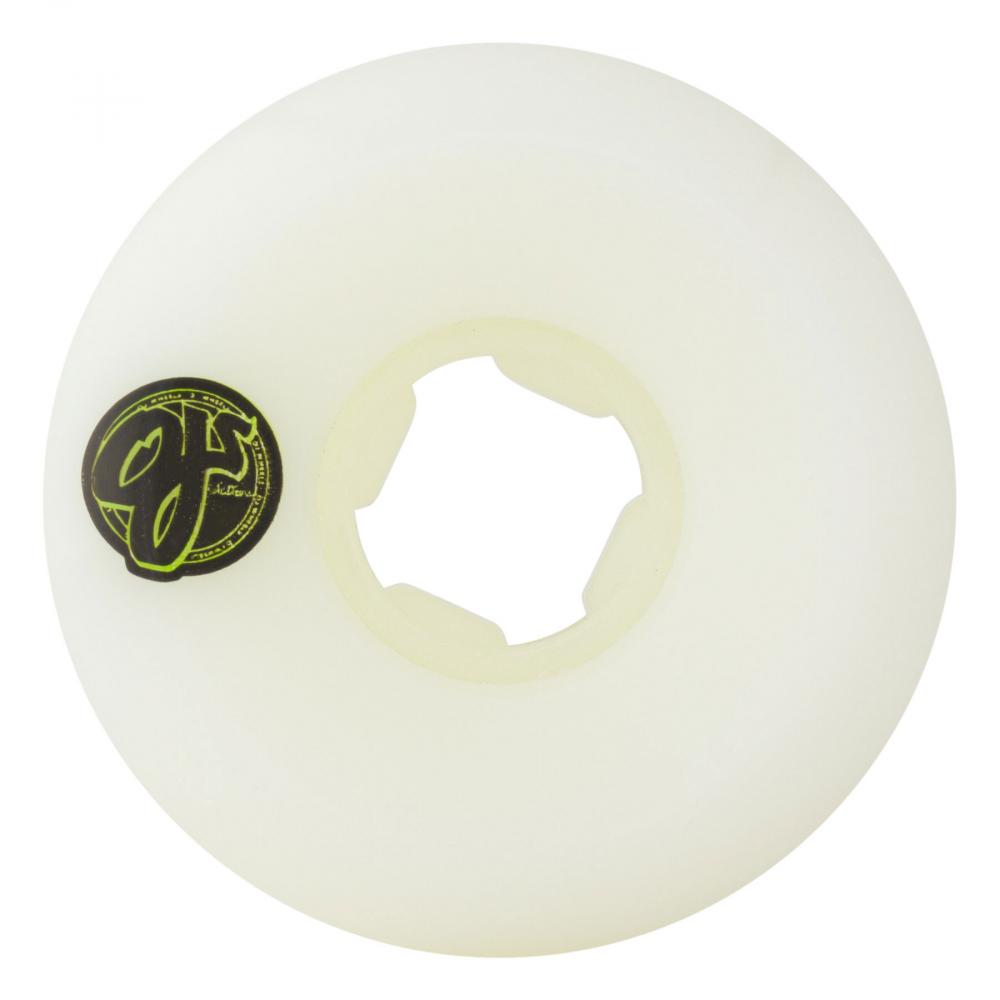 White OJ team hardline 99a 54mm wheels with green and yellow on logo on side. Free uk shipping over £50