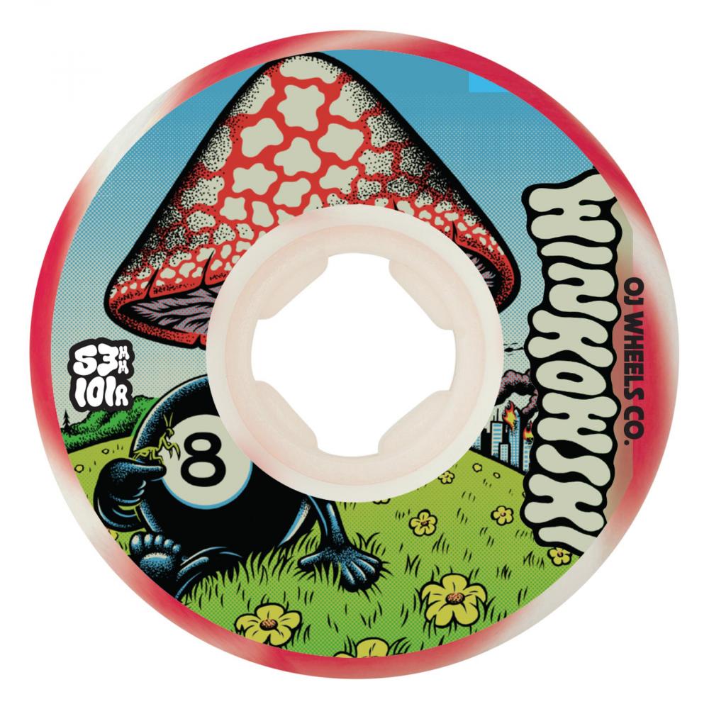 Red and white tie dye OJ elite Eric Winkowski 101a 53mm wheels with 8ball and mushroom graphic on side. Free uk shipping over £50