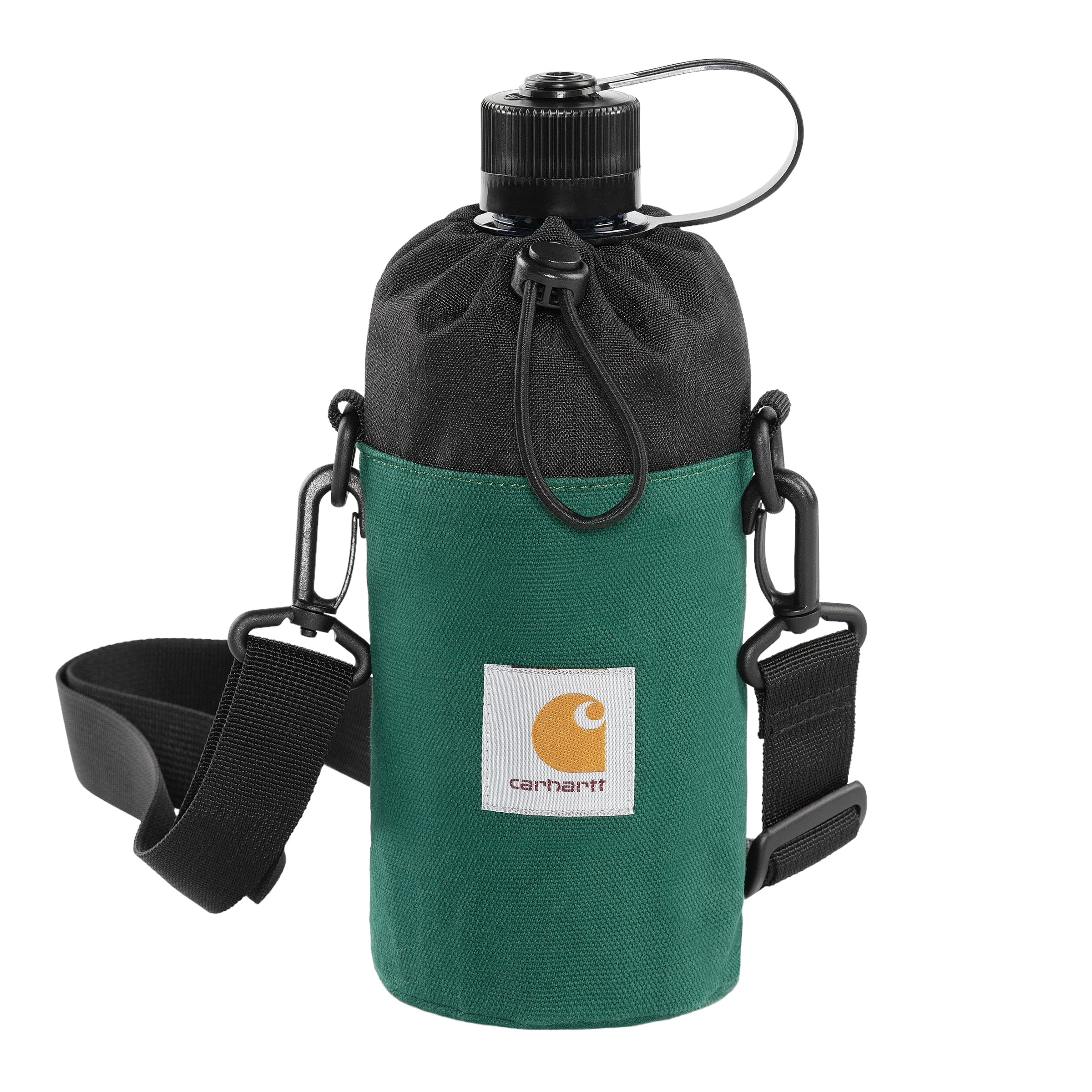 Green and black Carhartt water bottle carrier with woven logo and black bag strap. Free UK shipping on orders over £50.