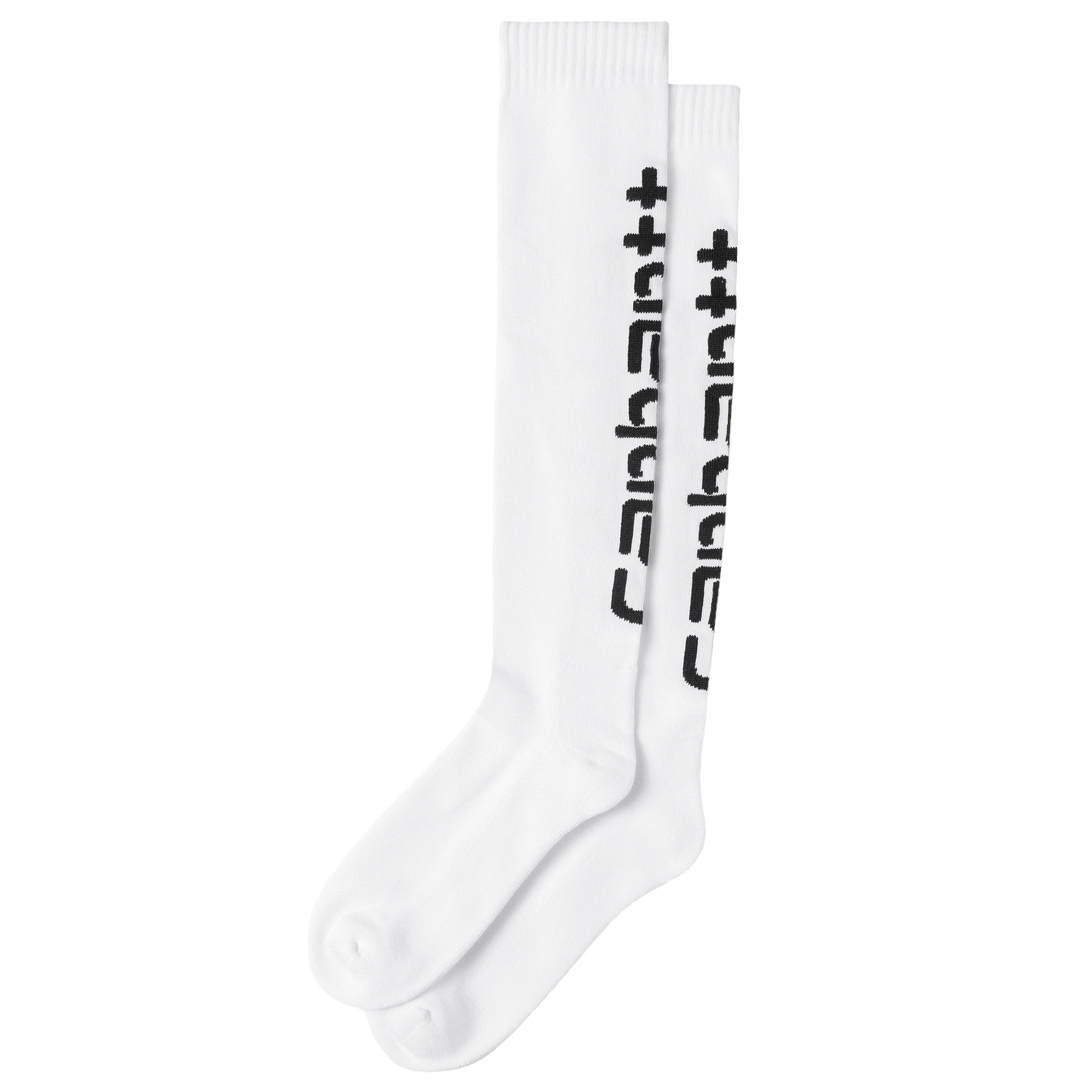 Almost knee length white Carhartt socks with black logo. Free UK shipping on orders over £50.