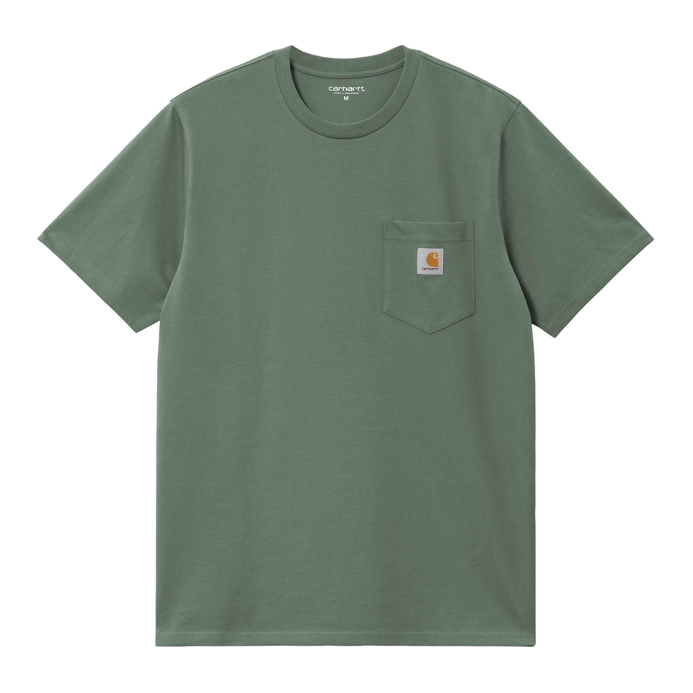 Green Carhartt tshirt with woven logo on the front pocket. Free UK shipping on orders over £50.