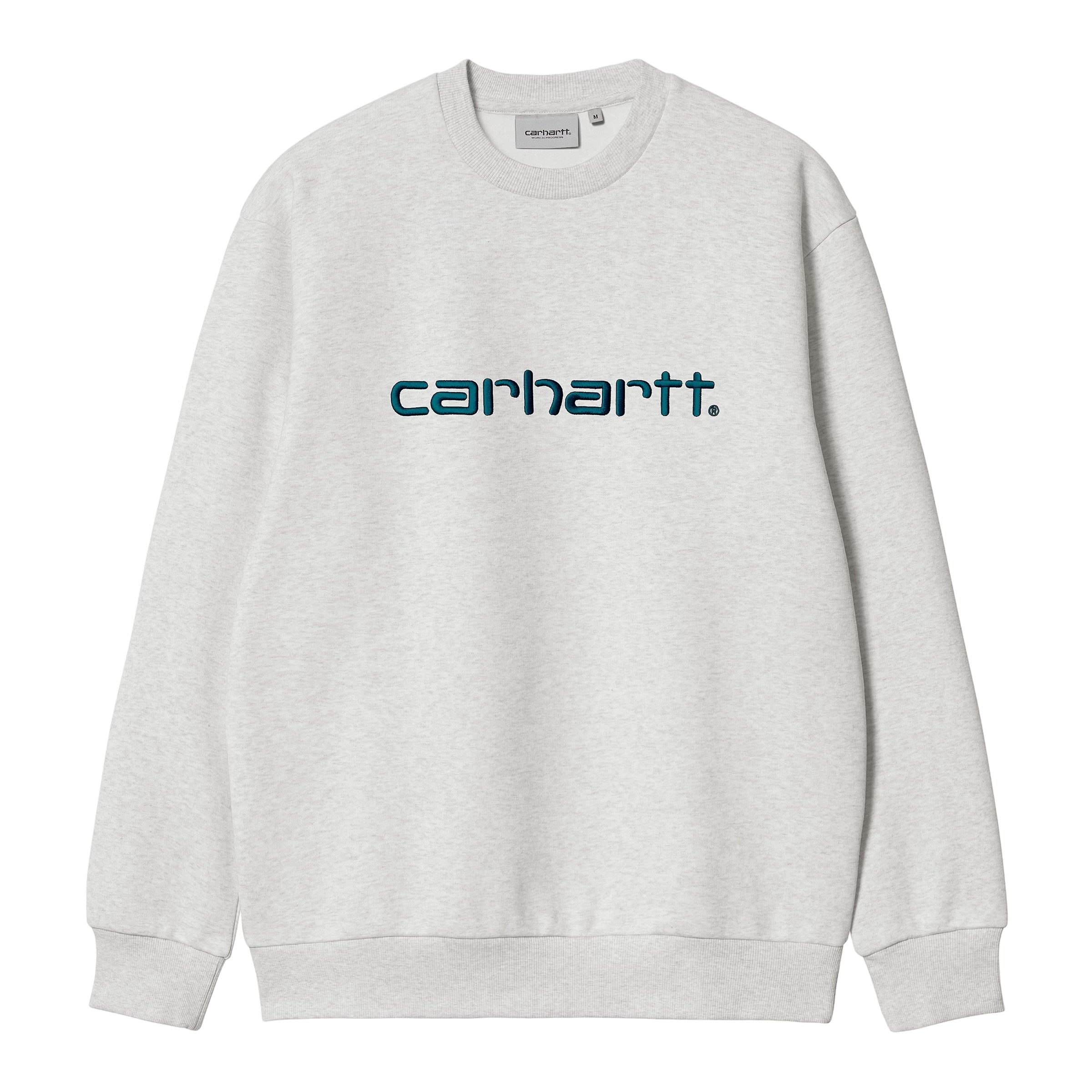 Grey Carhartt sweatshirt with dark blue embroidered logo. Free UK shipping on orders over £50.