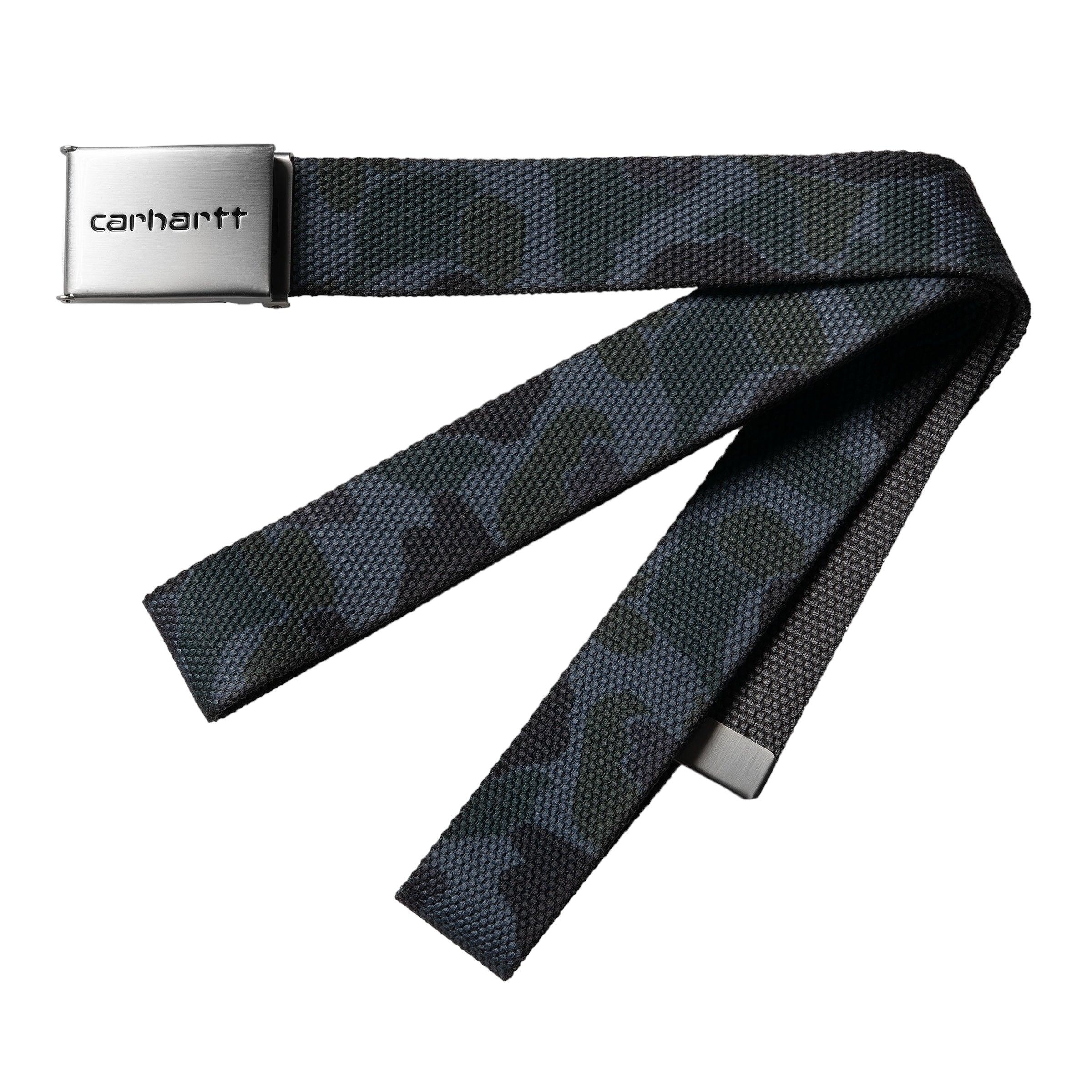 Grey camo Carhartt belt with silver buckle with logo on it. Free UK shipping on orders over £50.