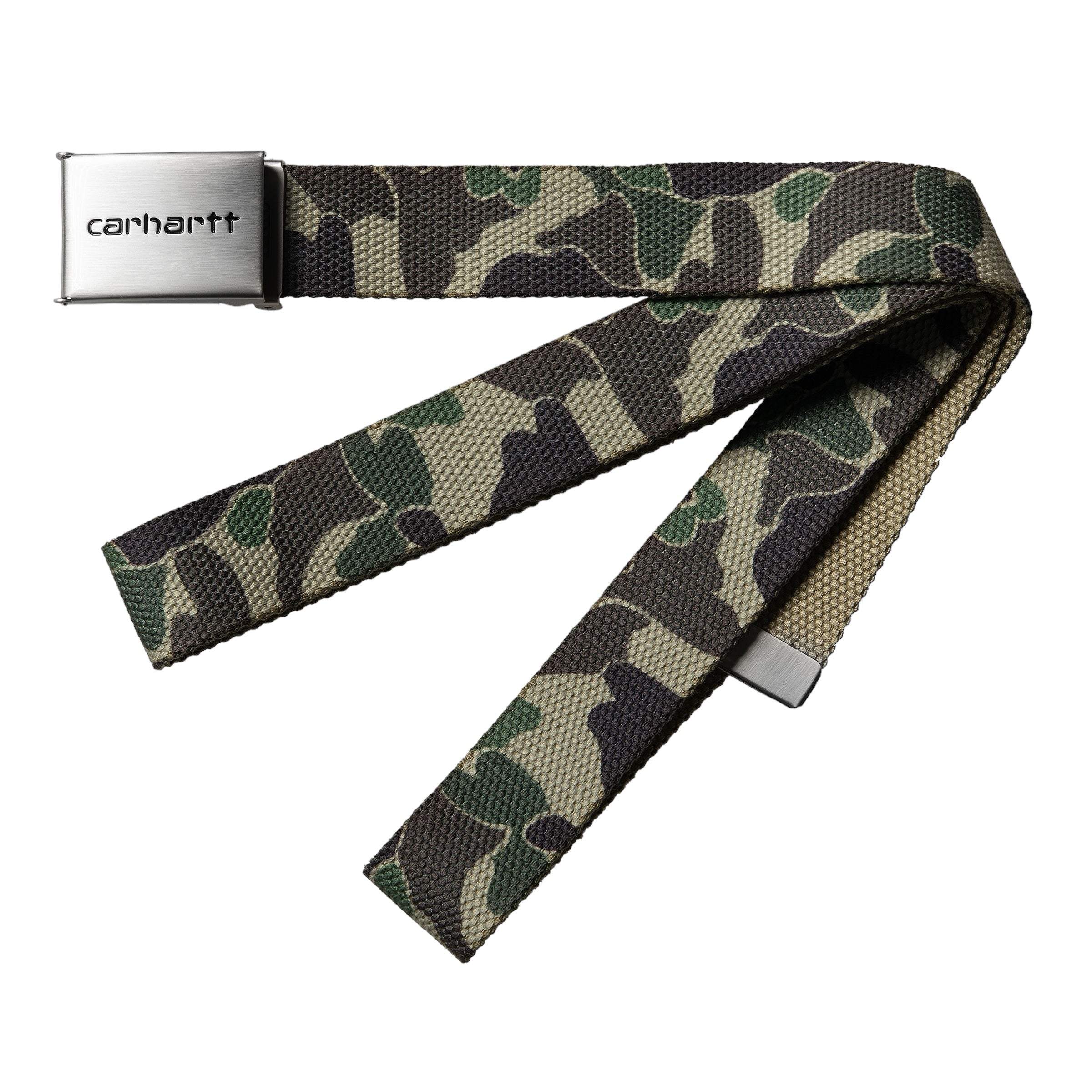 Camo Carhartt belt with silver buckle with logo on it. Free UK shipping on orders over £50.