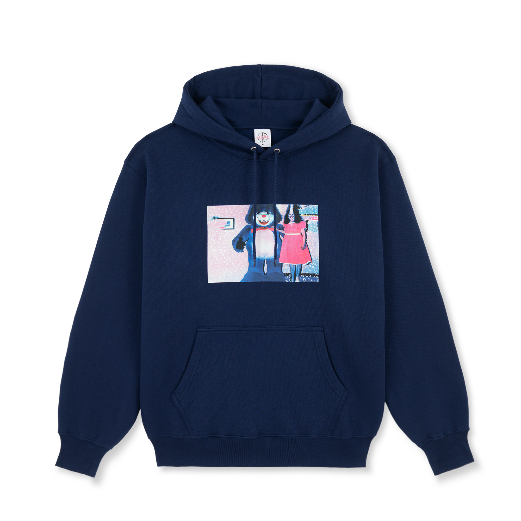Dark blue polar hooded sweatshirt with pink and blue box logo on front. Free uk shipping on orders over £50