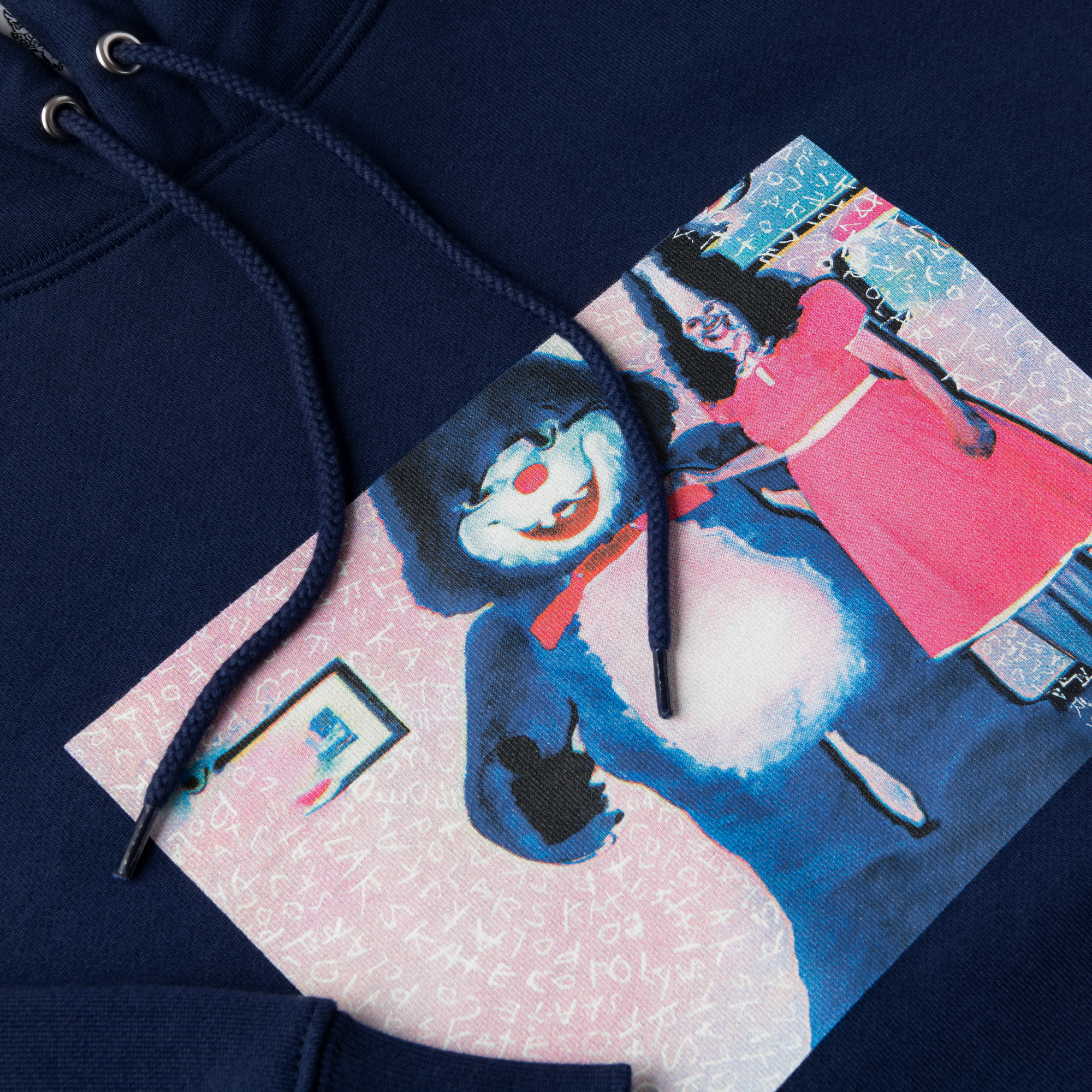 Dark blue polar hooded sweatshirt with pink and blue box logo on front. Free uk shipping on orders over £50