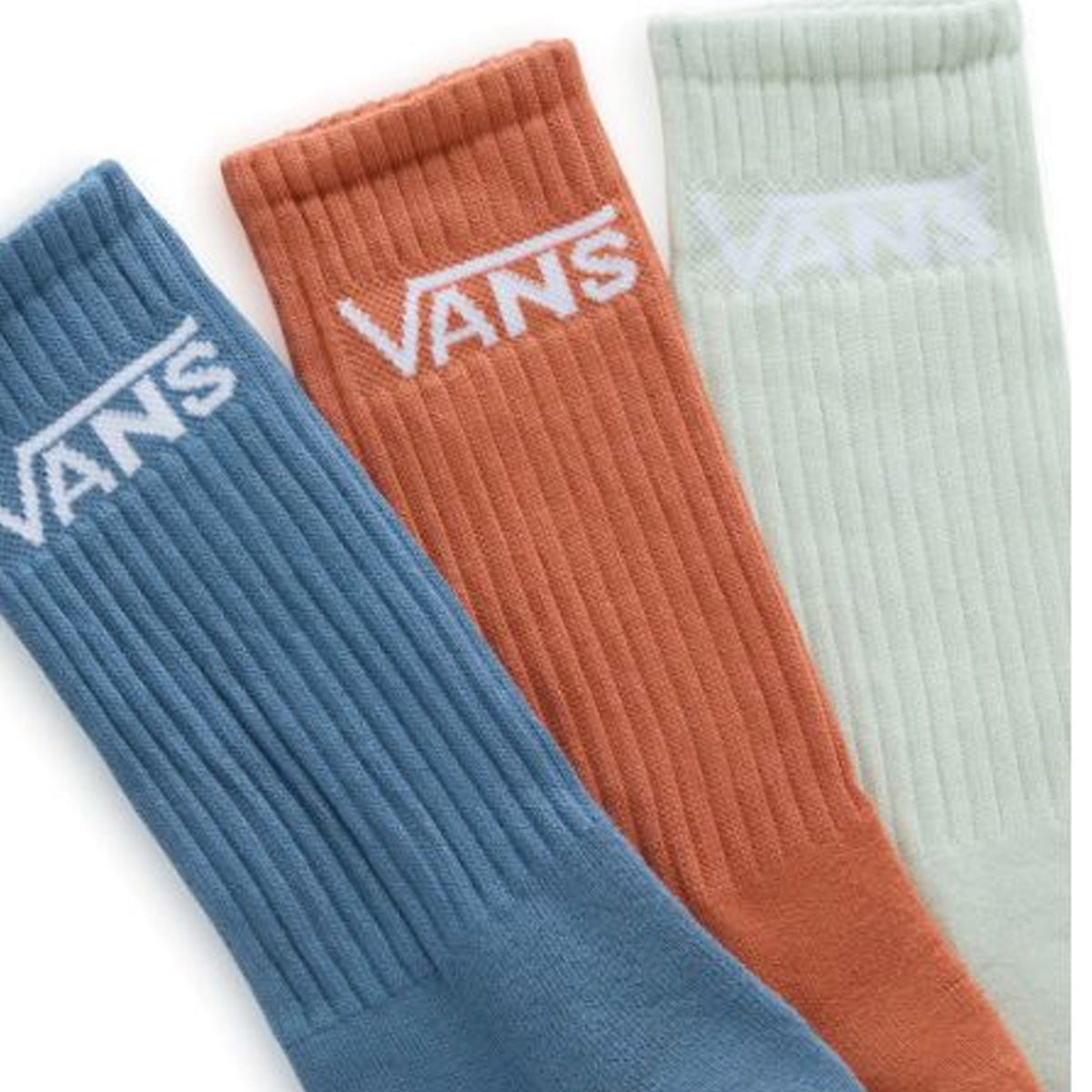 Vans classic logo crew socks 3 pack with blue orange and mint pairs. Free uk shipping over £50