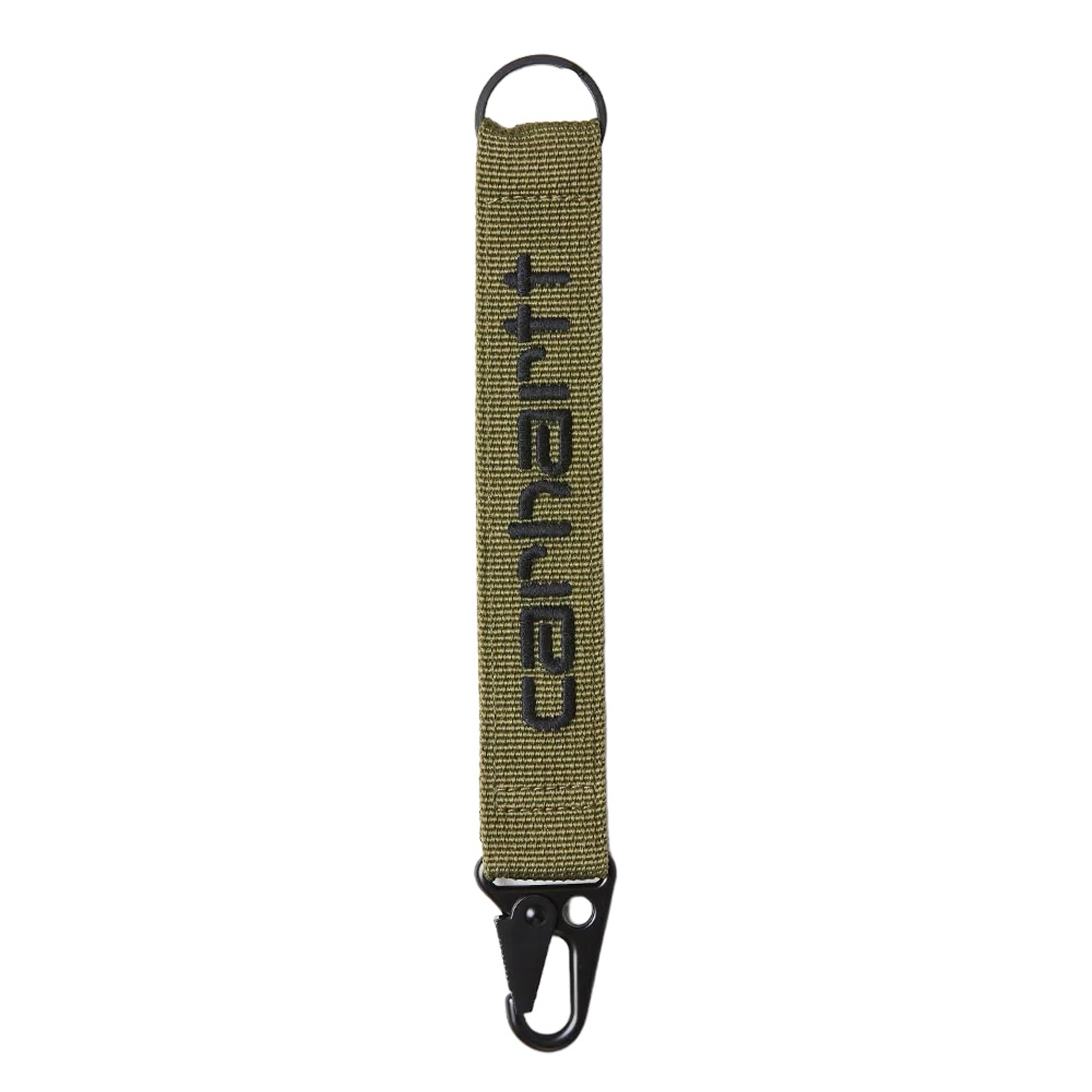 Olive green Carhartt keyholder with black embroidered logo. Free UK shipping on orders over £50.