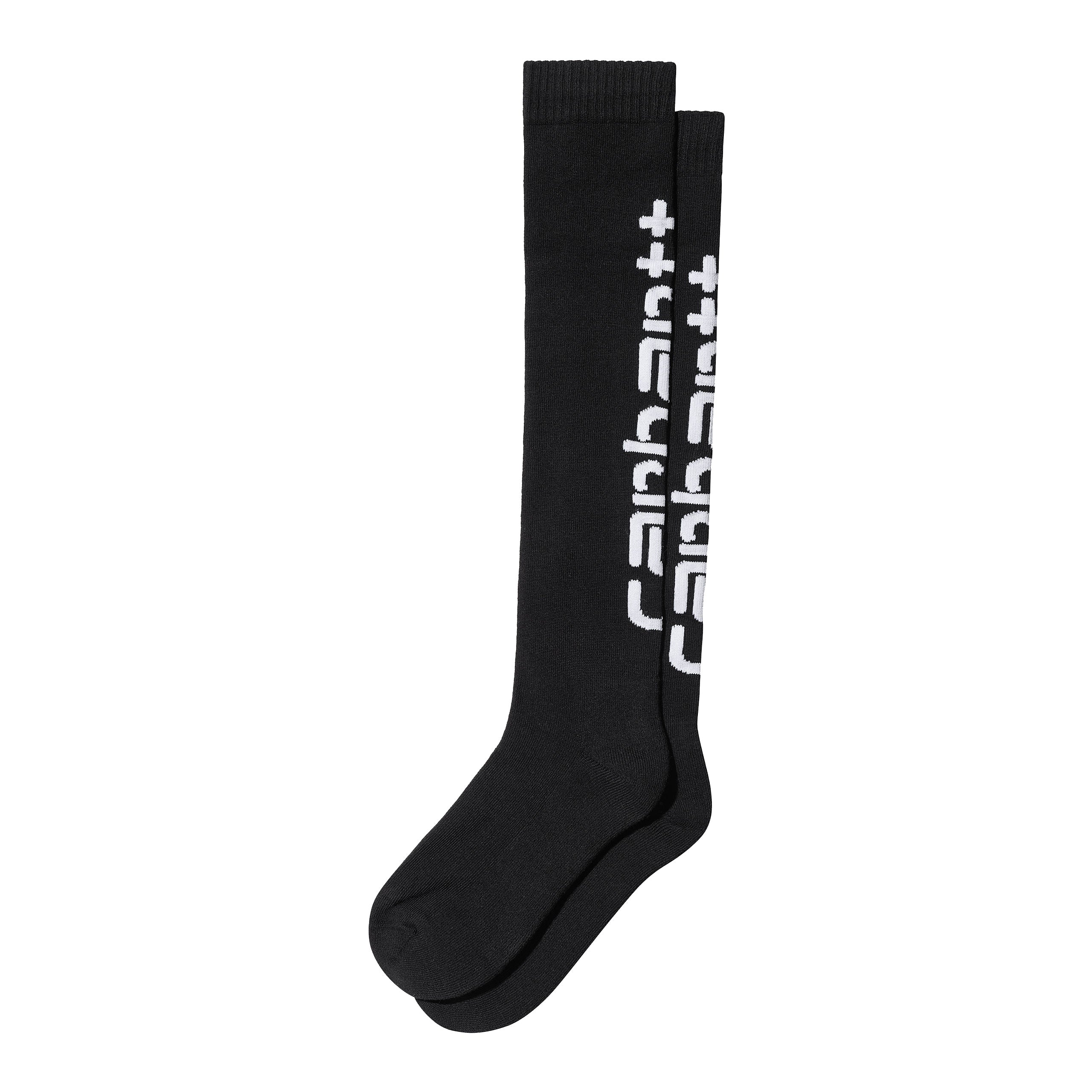 Almost knee length black Carhartt socks with white logo. Free UK shipping on orders over £50.