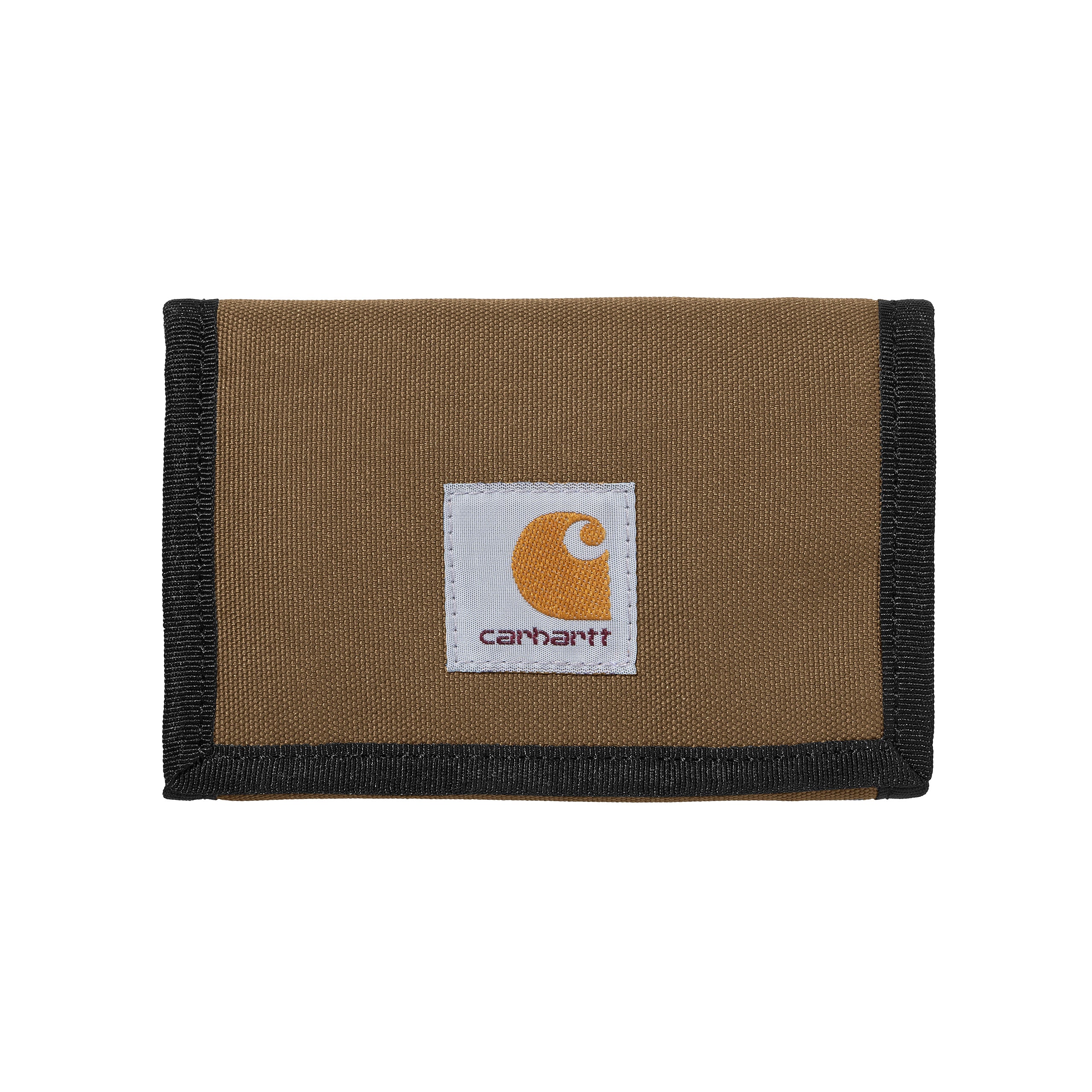 Brown and black carhartt wallet with woven logo. Free UK shipping on orders over £50.