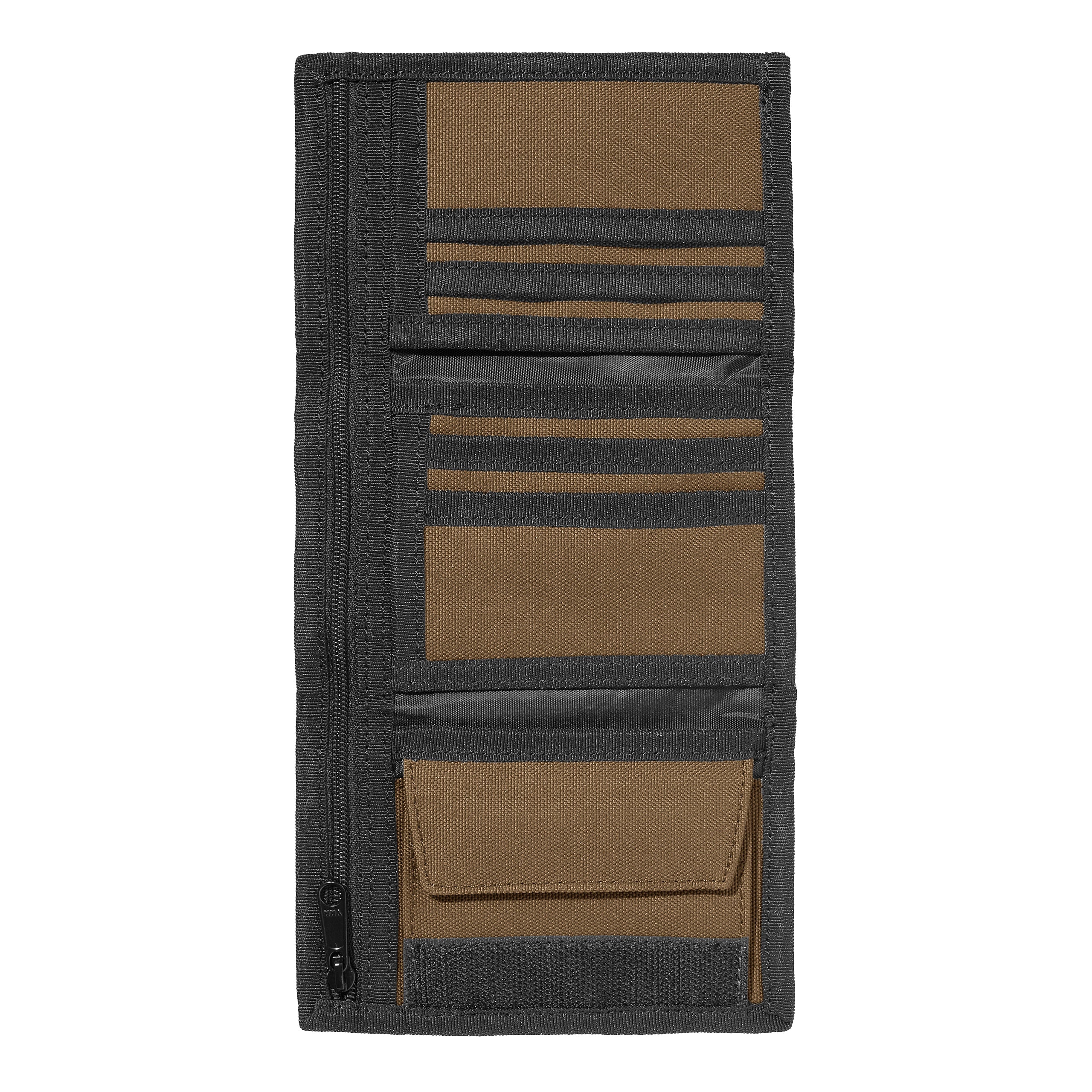 Brown and black carhartt wallet with woven logo. Free UK shipping on orders over £50.