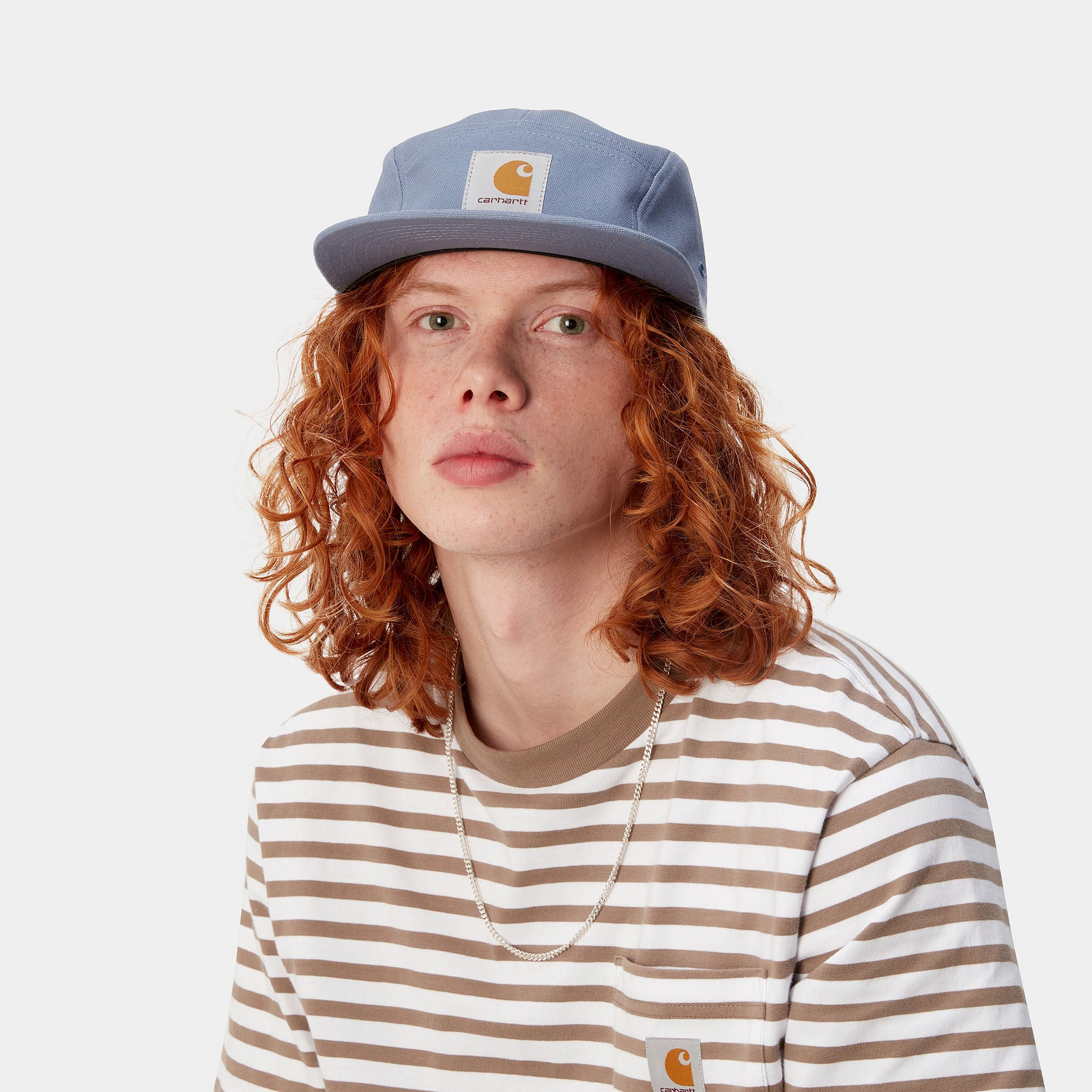 Light blue Carhartt cap with woven logo. Free UK shipping on orders over £50.