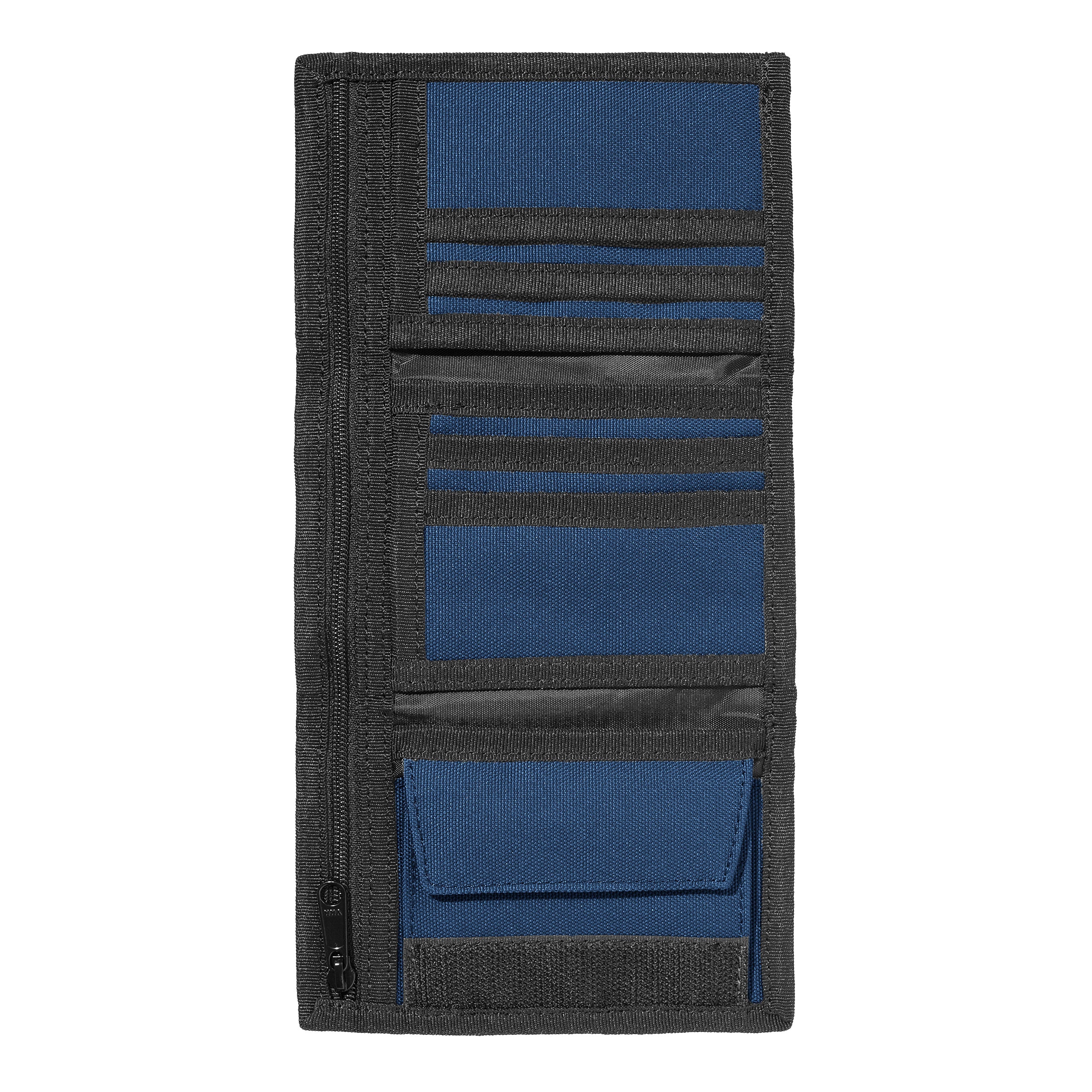 Dark blue and black carhartt wallet with woven logo. Free UK shipping on orders over £50.