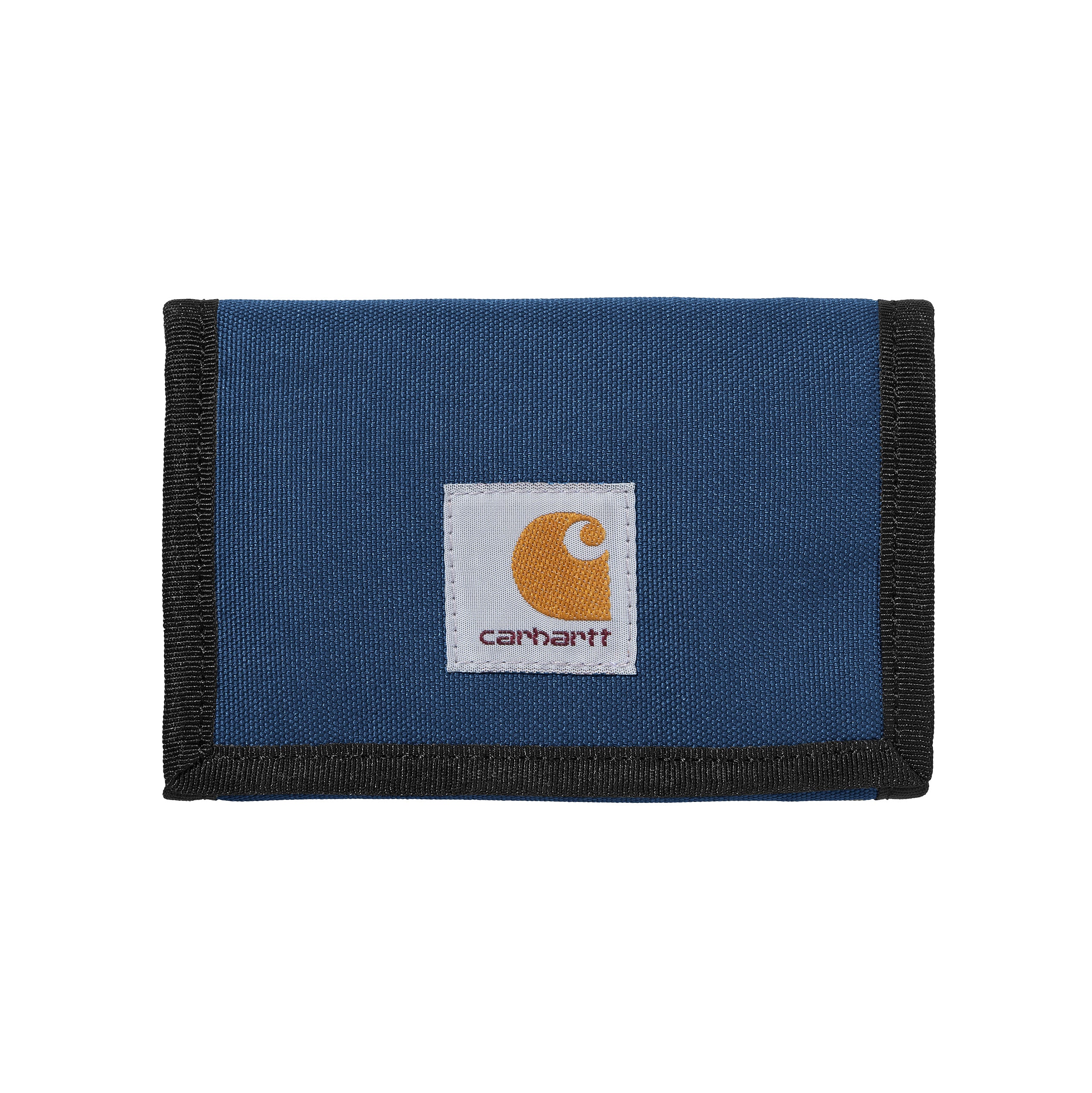 Dark blue and black carhartt wallet with woven logo. Free UK shipping on orders over £50.