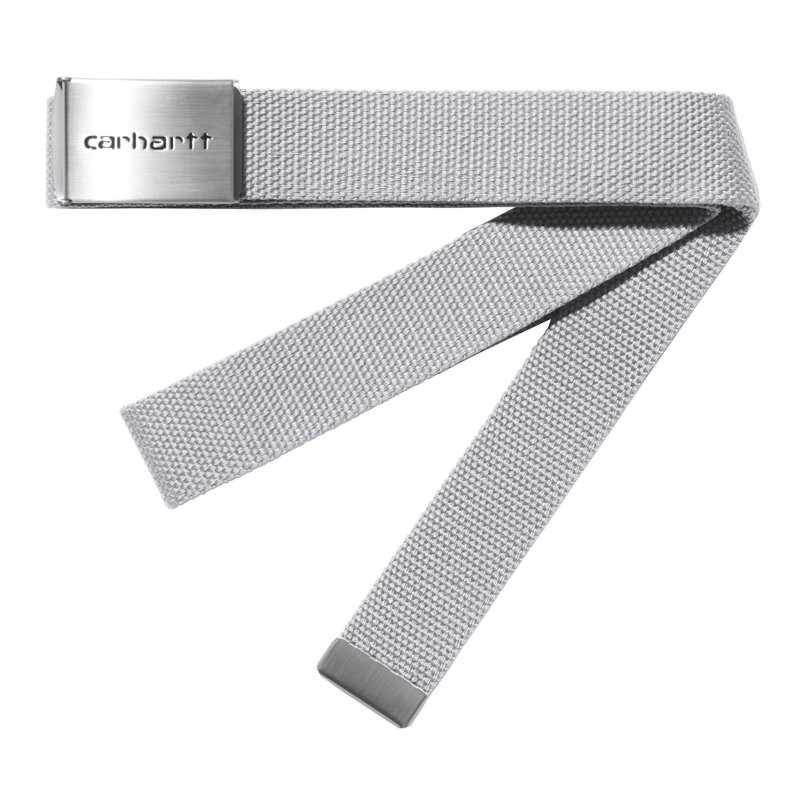 Grey carhartt belt with silver buckle and black logo. Free UK shipping on orders over £50.