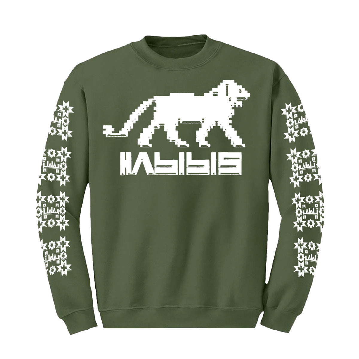 Olive green Habibis Crewneck sweatshirt with white lion graphic logo on chest and sleeves. Free uk shipping over £50