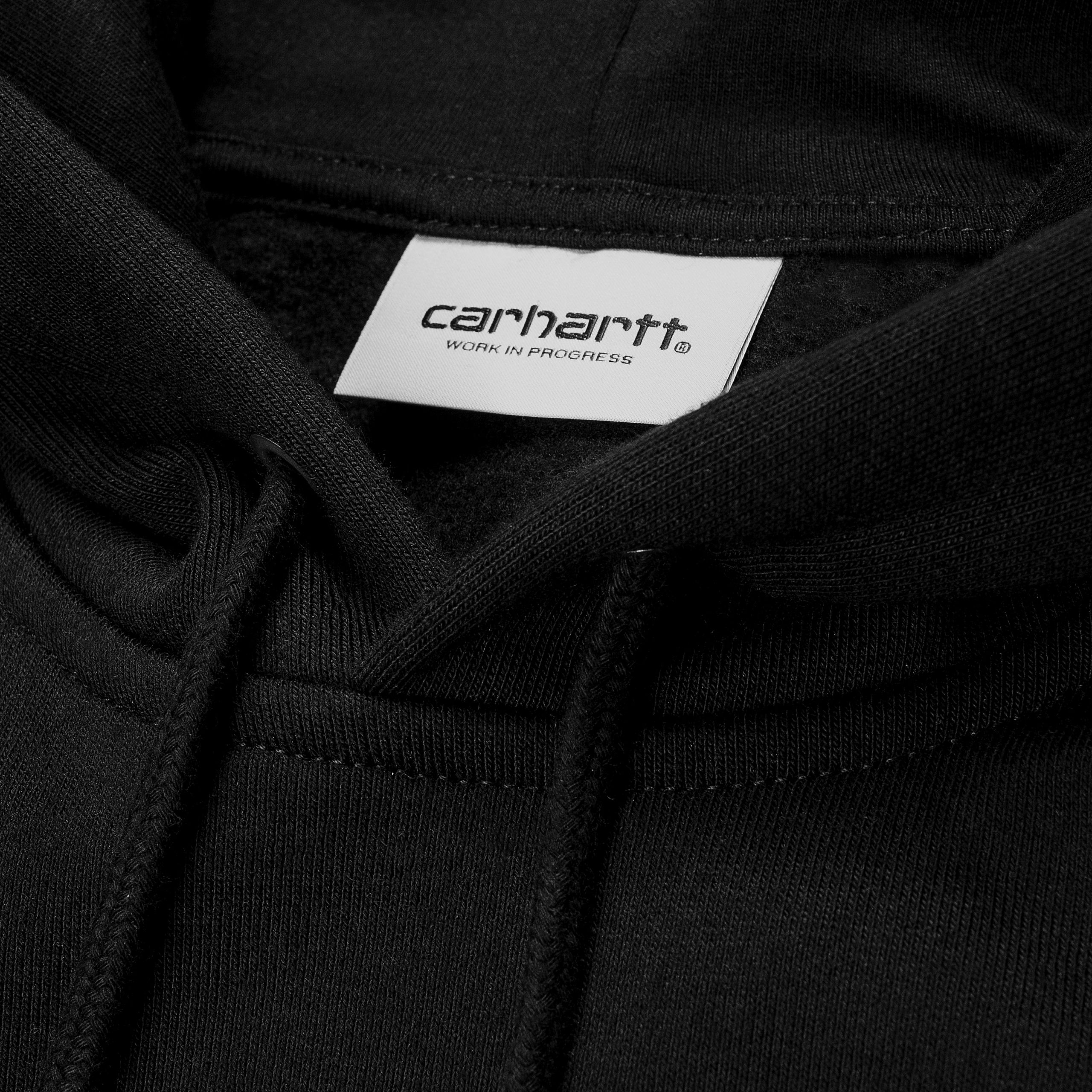 Black Carhartt hoodie with gold embroidered logo on sleeve. Free UK shipping on orders over £50.