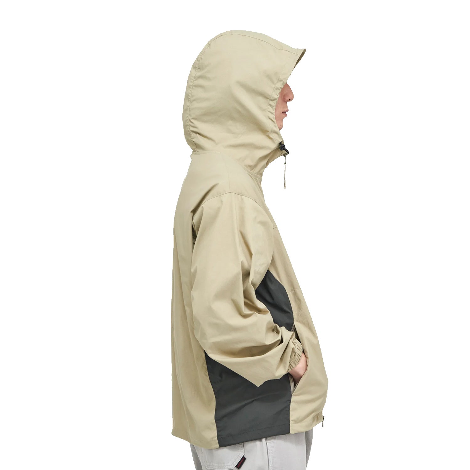 Beige and black gramicci track jacket with hood, elastic cuffs and drawstring waist. Free uk shipping over £50