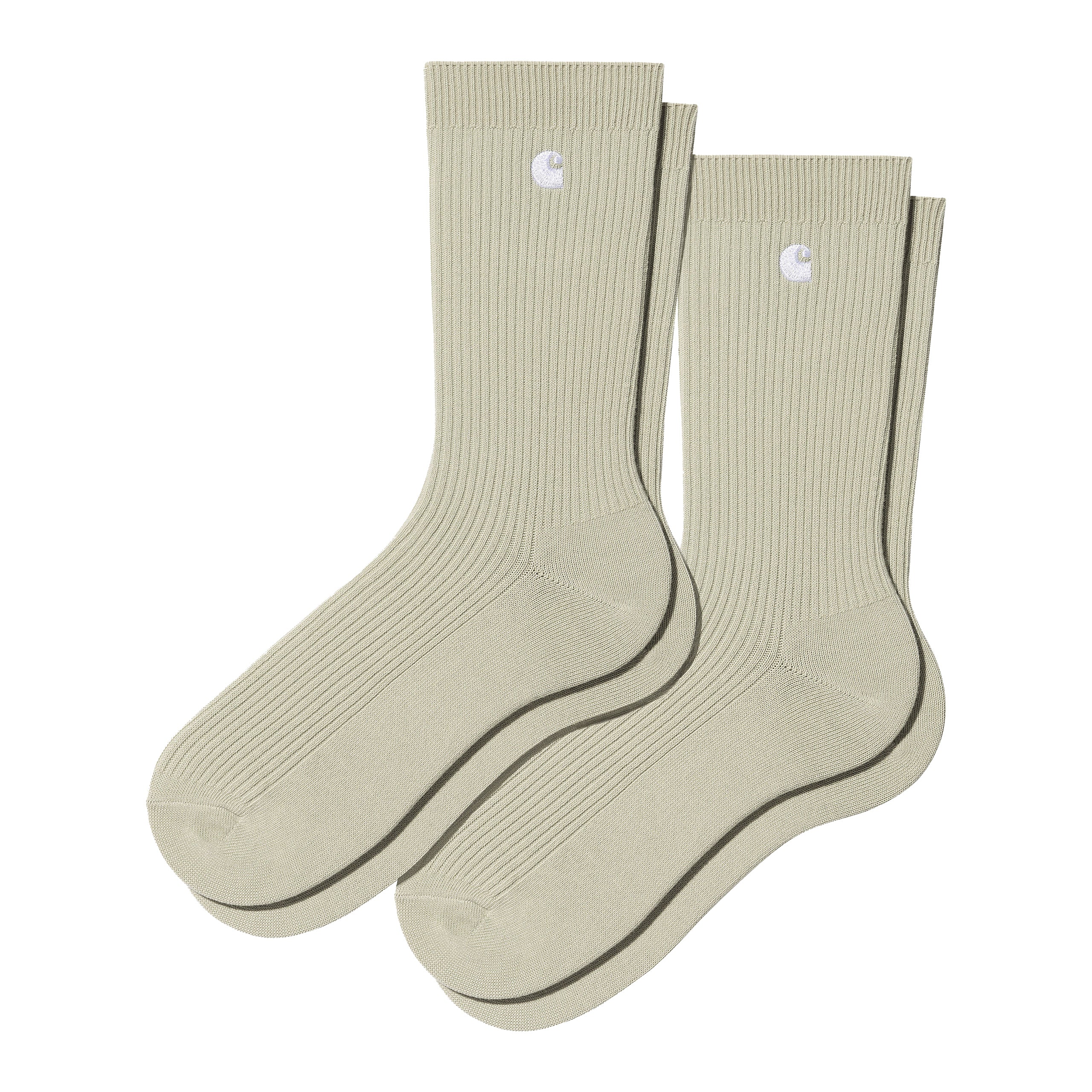 Beige ribbed Carhartt socks with white embroidered logo. Free UK shipping on orders over £50.