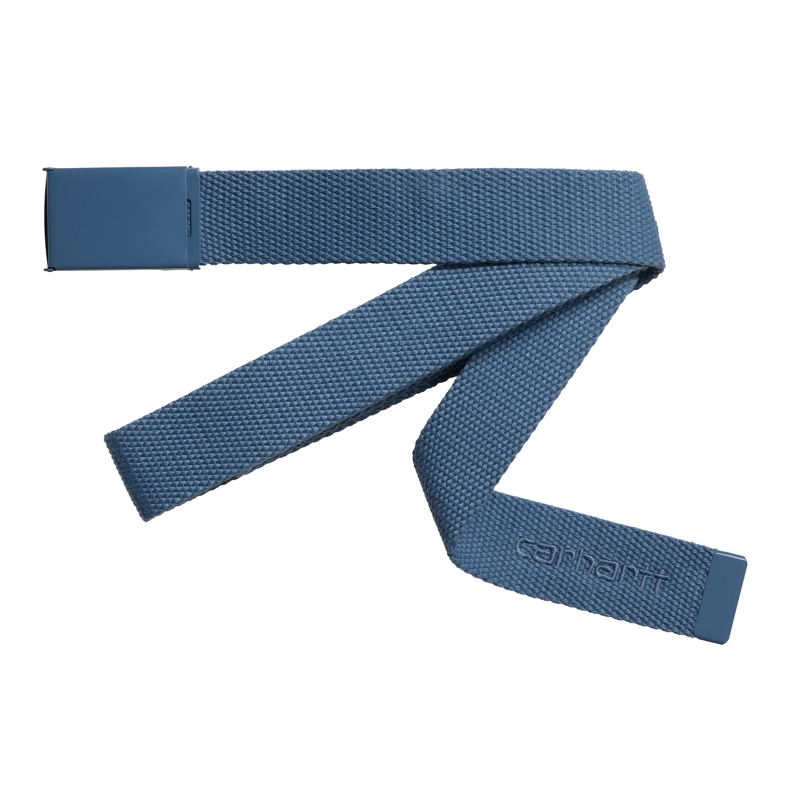 Dark blue carhartt belt with blue buckle and embroidered logo. Free UK shipping on orders over £50.