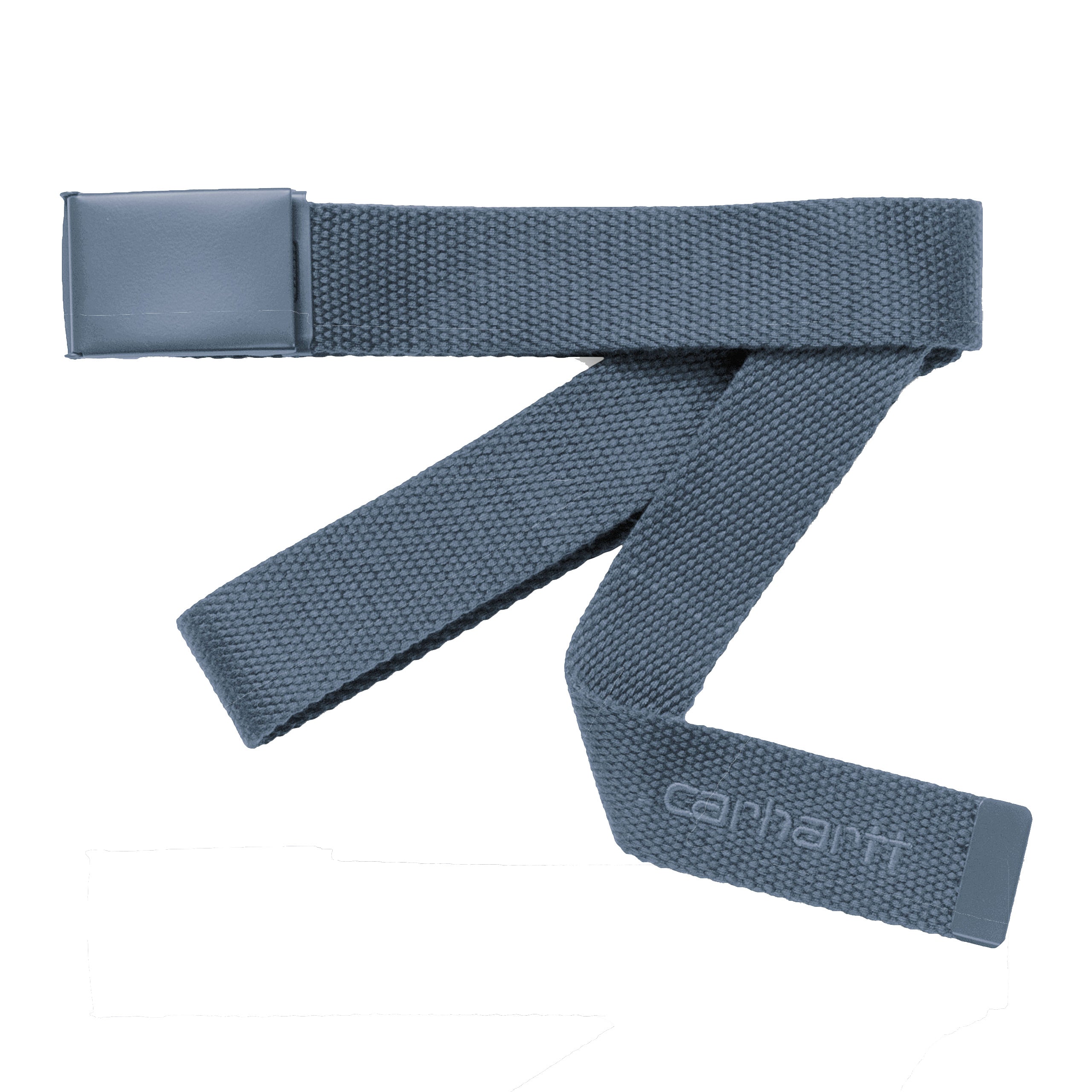 Canvas webbing belt from Carhartt WIP in a blue grey colour with metal buckle and embroidered logo on belt. One size fits all. Pay for your order with Klarna or Paypal. 