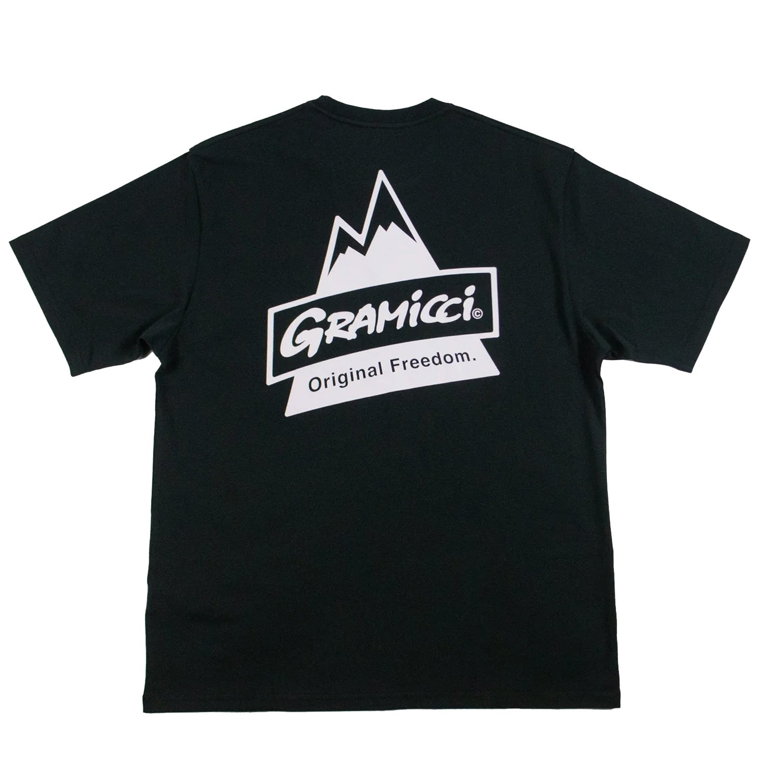 Black short sleeve gramicci original freedom T-shirt with white print logo on front and back. Free uk shipping over £50