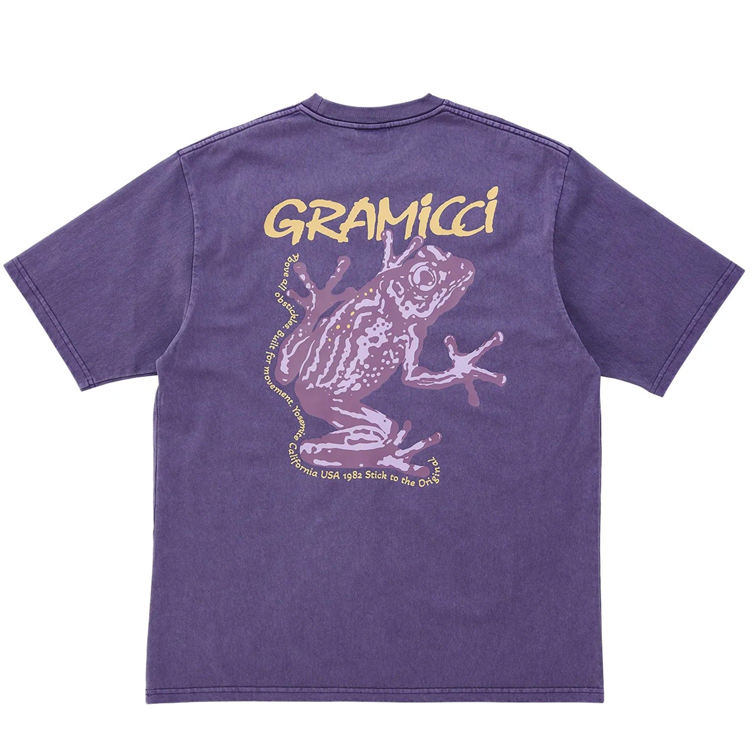 Purple gramicci short sleeve t-shirt with printed frog logo in purple and yellow on front and back. Free UK Shipping on orders over £50