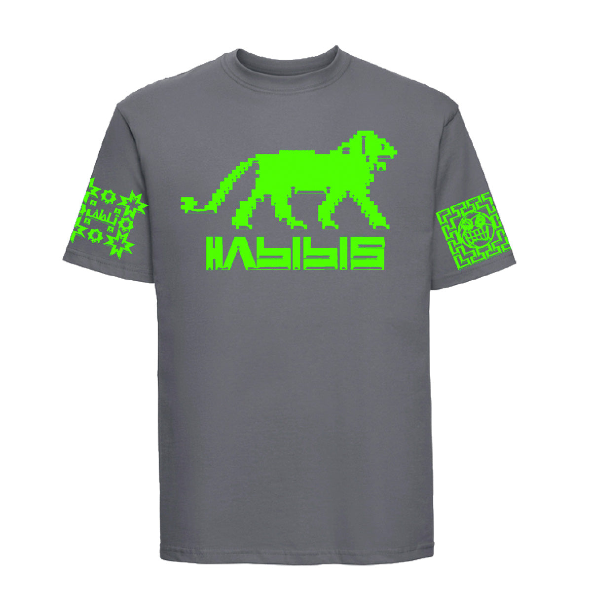 Charcoal grey habibis shortsleeve T-shirt with neon green lion graphic logo on front and sleeves. Free uk shipping over £50