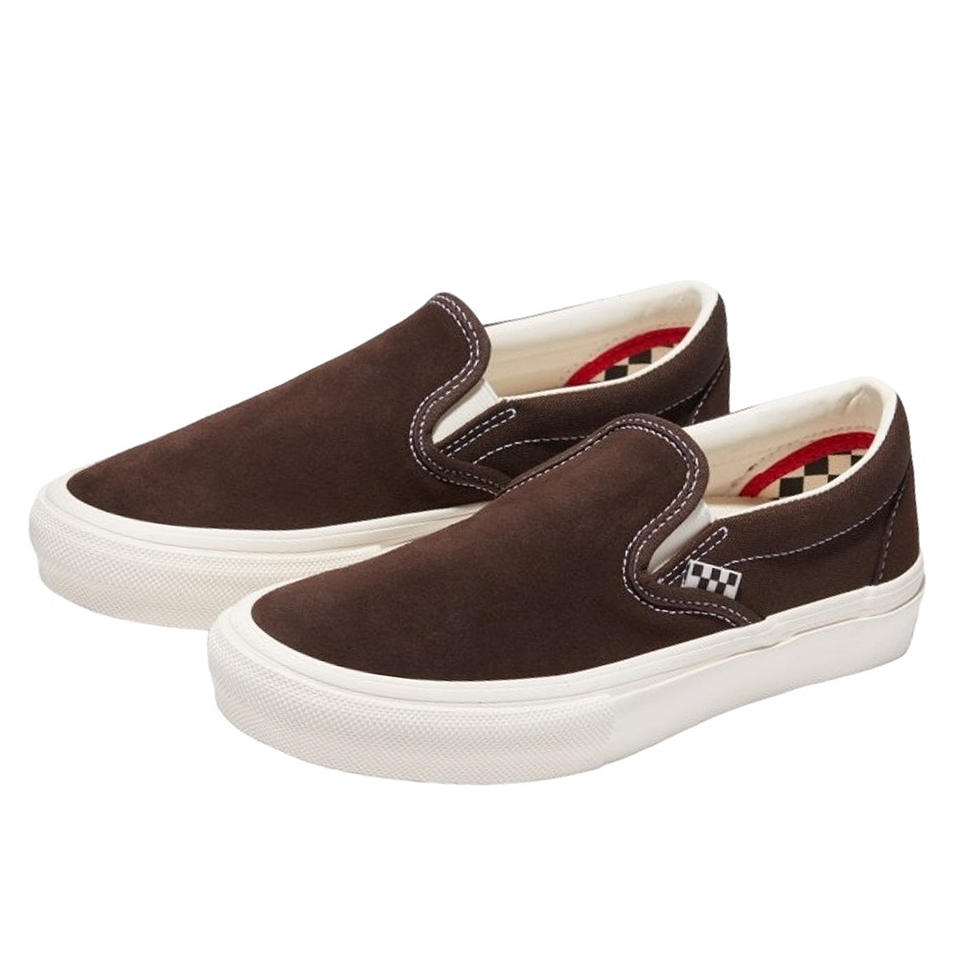 Brown vans slip on skate shoes with white soles and checkered tab. Free uk  shipping over £50