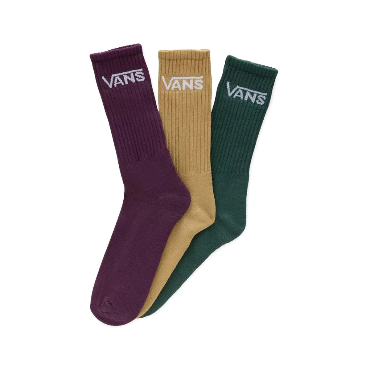 Three pack vans crew socks in green, burgundy and cream with white vans logo. Free uk shipping over £50