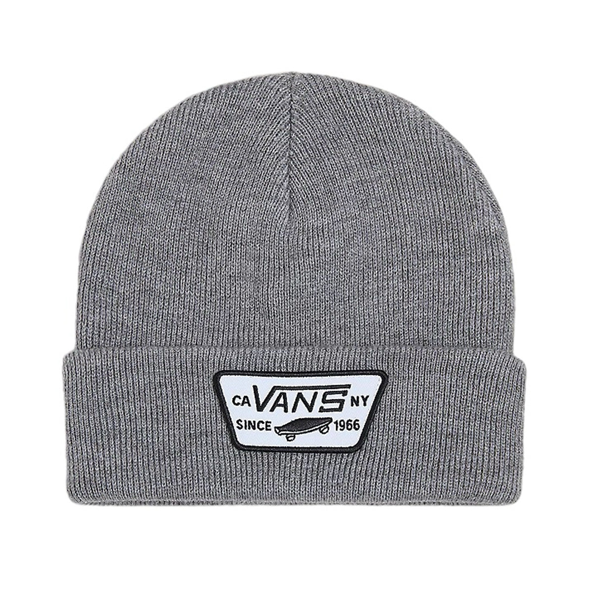Grey vans cuffed and ribbed beanie with black and white vans patch logo on front. Free uk shipping over £50