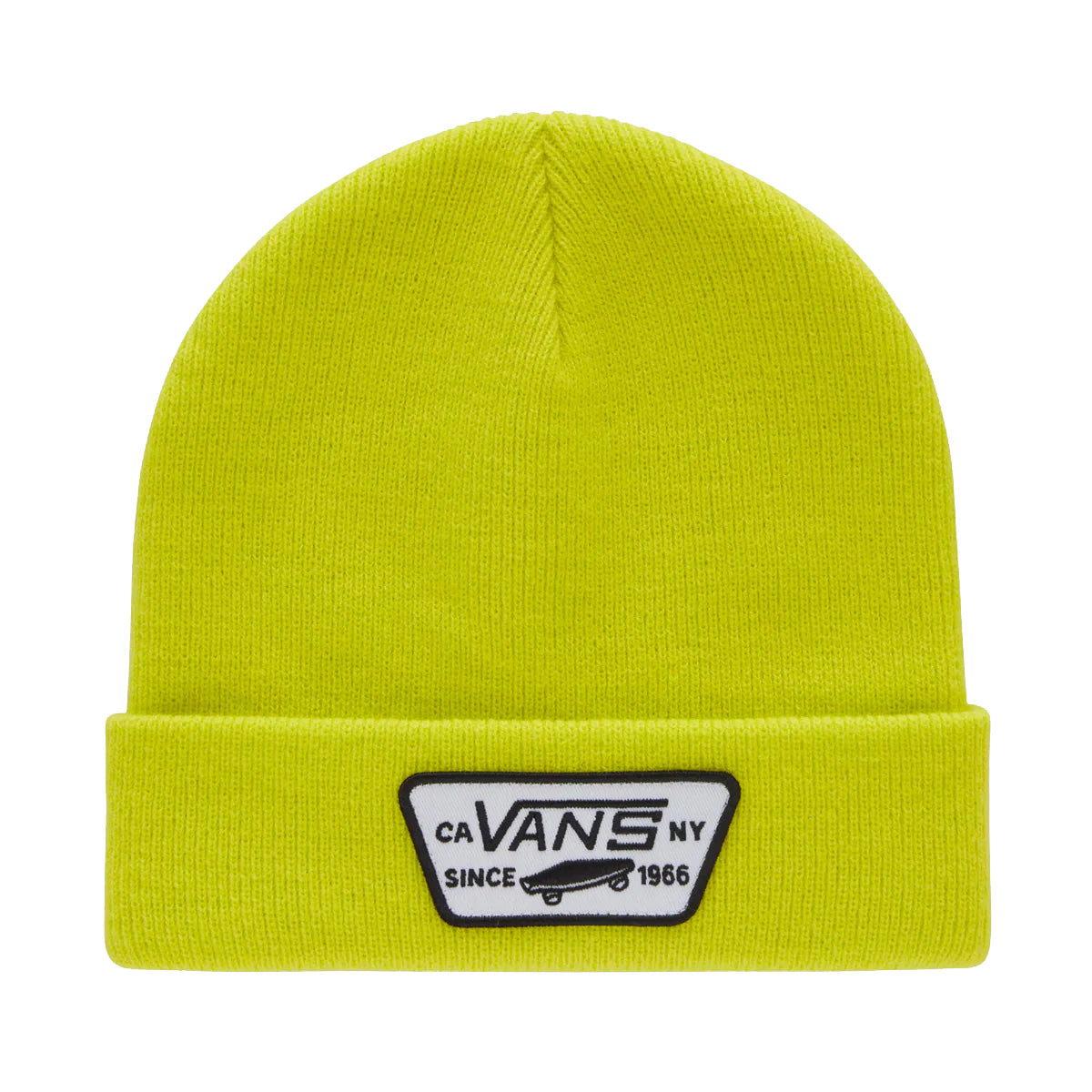 Neon yellow vans cuffed and ribbed beanie with black and white vans patch logo on front. Free uk shipping over £50
