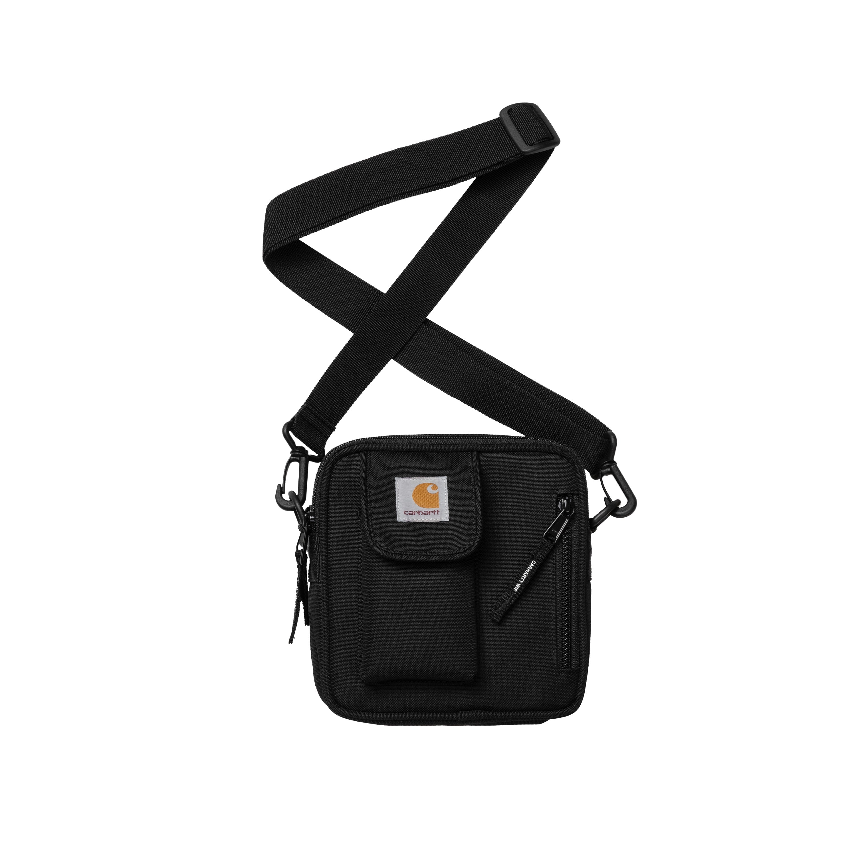 Small black Carhartt shoulder bag with woven logo. Free UK shipping on orders over £50.